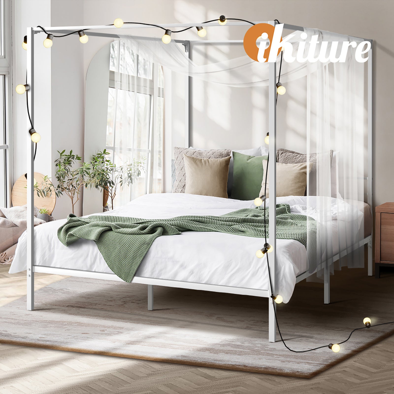 Oikiture Metal Canopy Bed Frame Double Size Beds Platform White - Sunyee