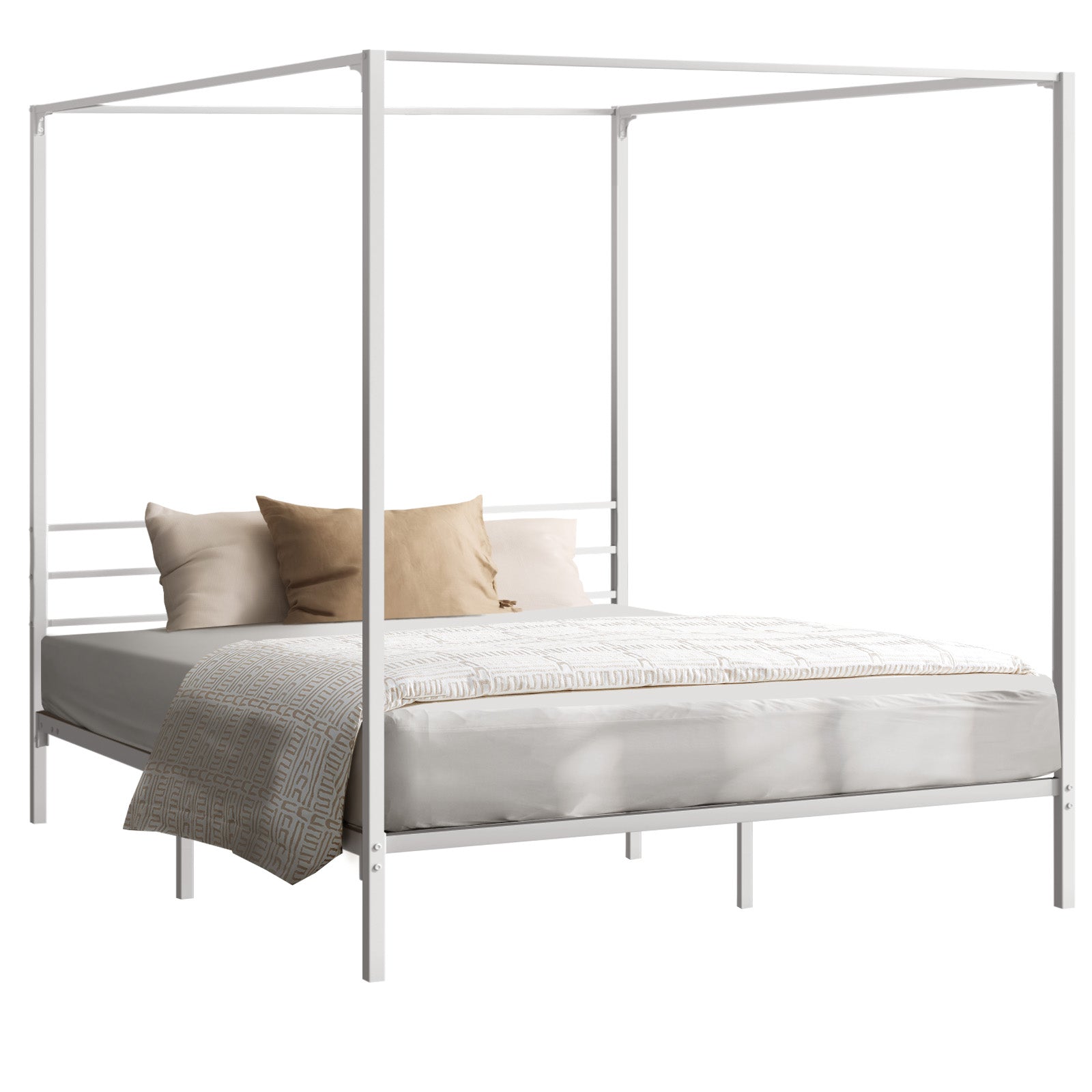 Oikiture Metal Canopy Bed Frame Double Size Beds Platform White - Sunyee
