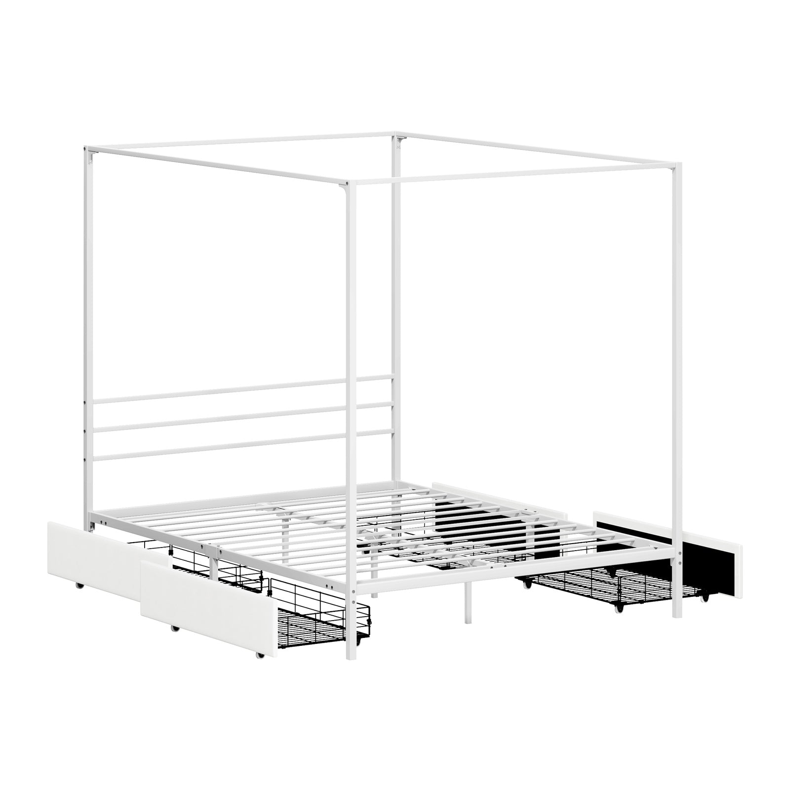 Oikiture Metal Canopy Bed Frame Queen Size Beds Platform with 4 Drawers White