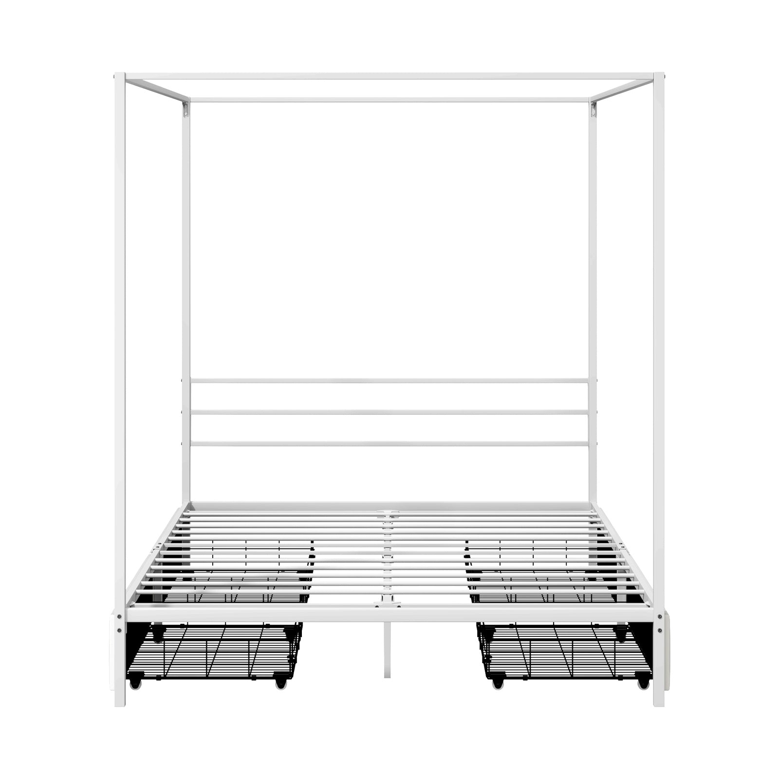 Oikiture Metal Canopy Bed Frame Queen Size Beds Platform with 4 Drawers White