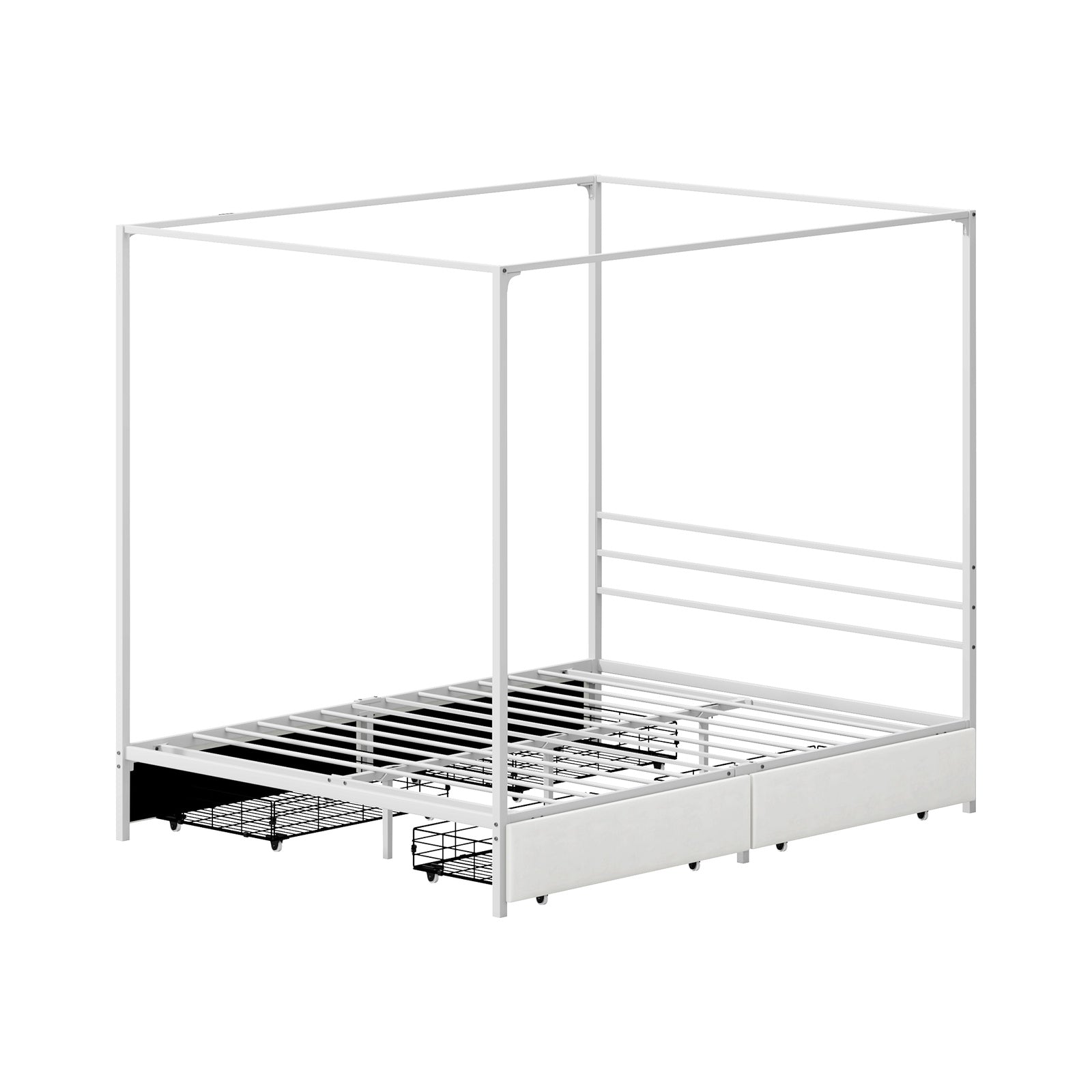 Oikiture Metal Canopy Bed Frame Queen Size Beds Platform with 4 Drawers White
