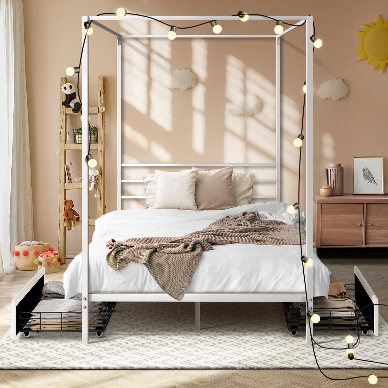 Oikiture Metal Canopy Bed Frame Single Size Beds Platform with 2 Drawers White
