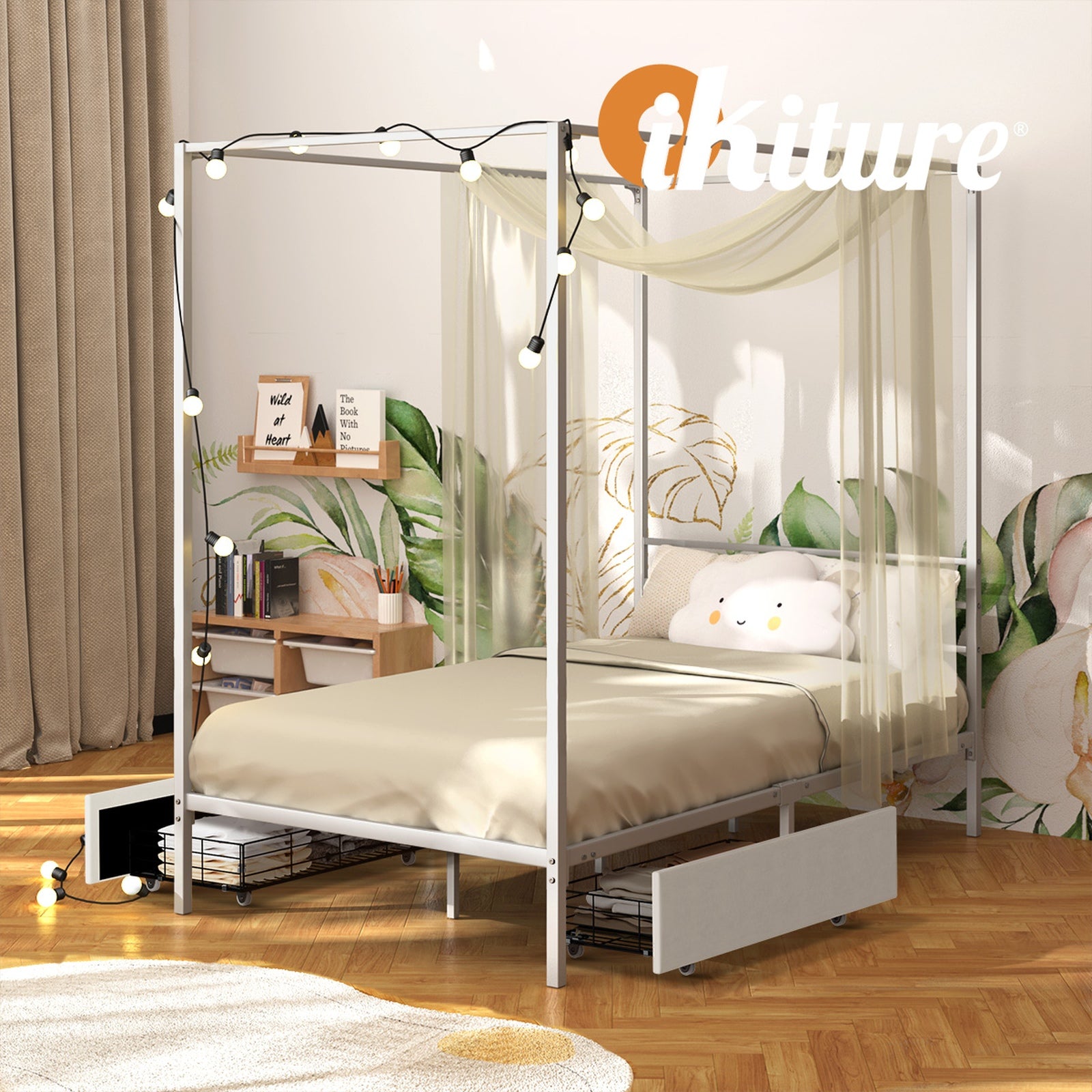 Oikiture Metal Canopy Bed Frame Single Size Beds Platform with 2 Drawers White