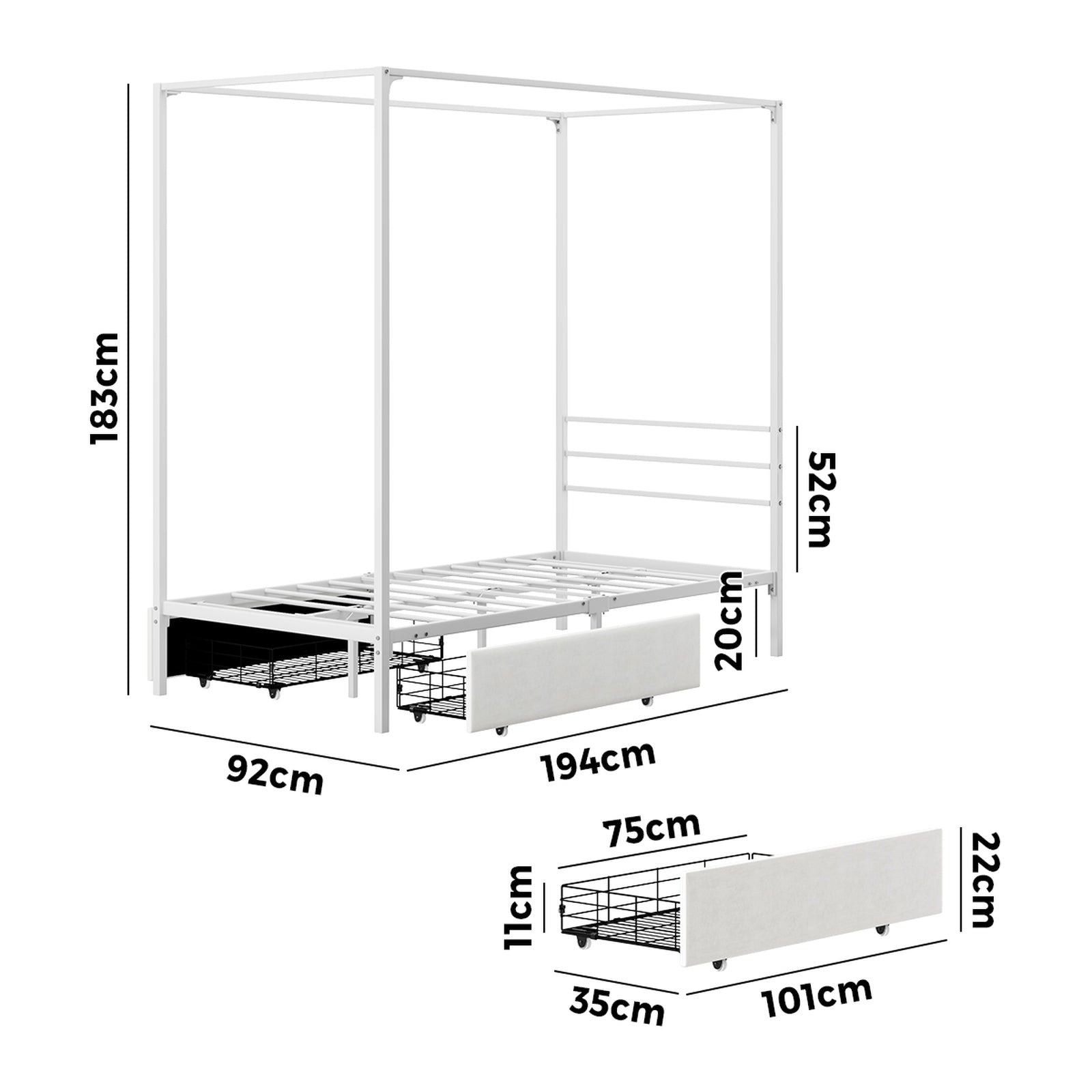 Oikiture Metal Canopy Bed Frame Single Size Beds Platform with 2 Drawers White
