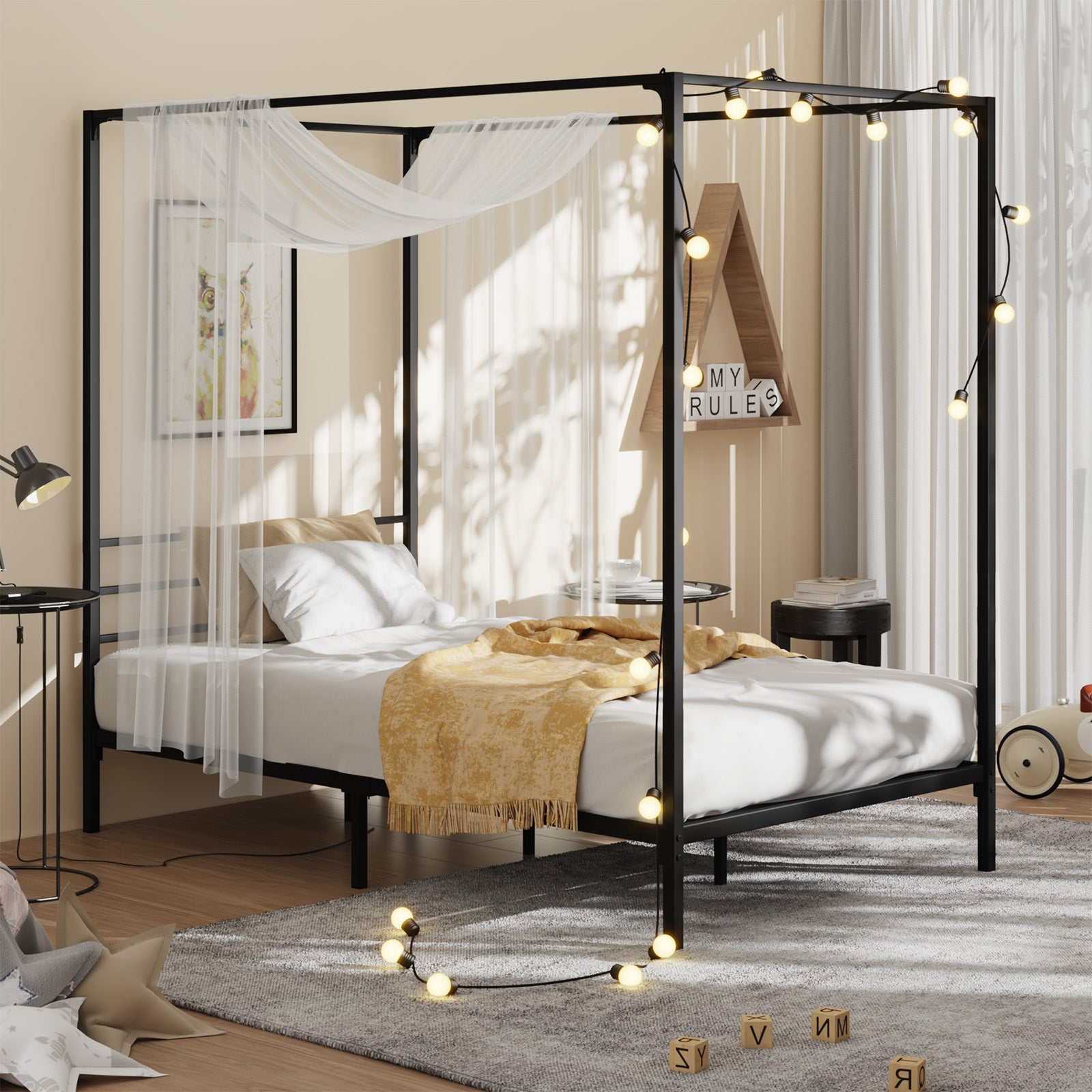 Oikiture Metal Canopy Bed Frame Single Size Beds Platform - Sunyee