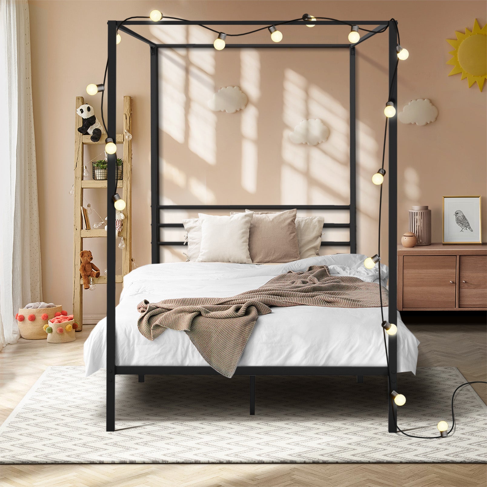 Oikiture Metal Canopy Bed Frame Single Size Beds Platform - Sunyee