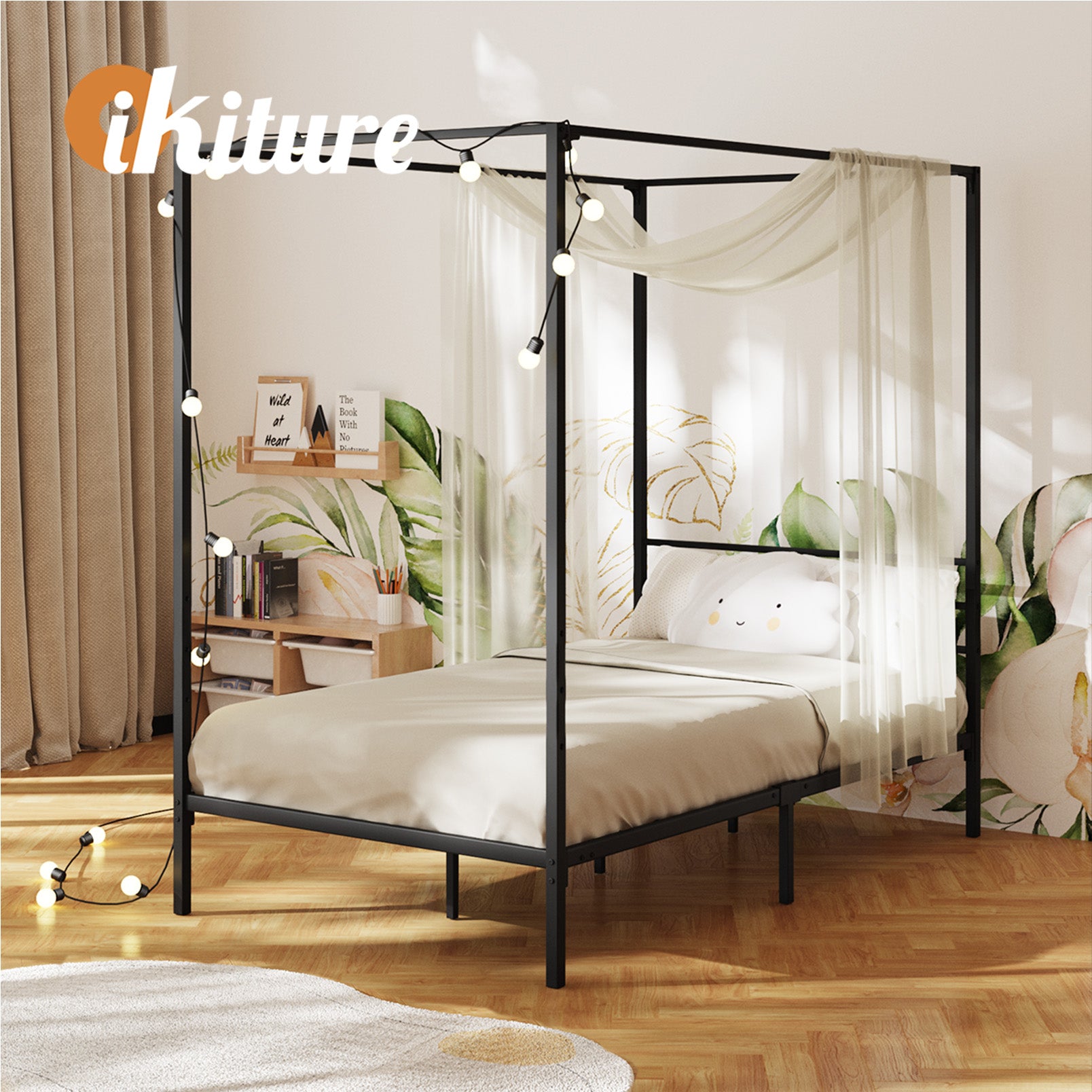 Oikiture Metal Canopy Bed Frame Single Size Beds Platform - Sunyee