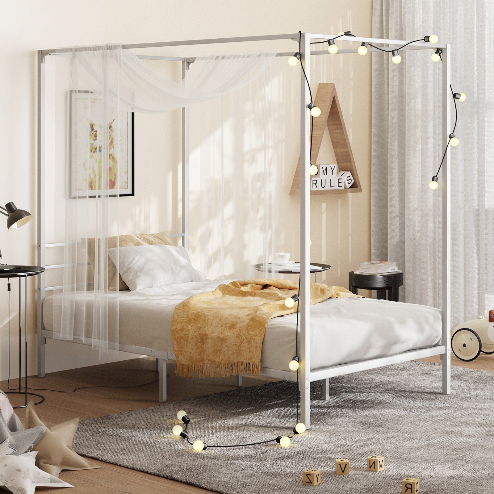 Oikiture Metal Canopy Bed Frame Single Size Beds Platform White - Sunyee