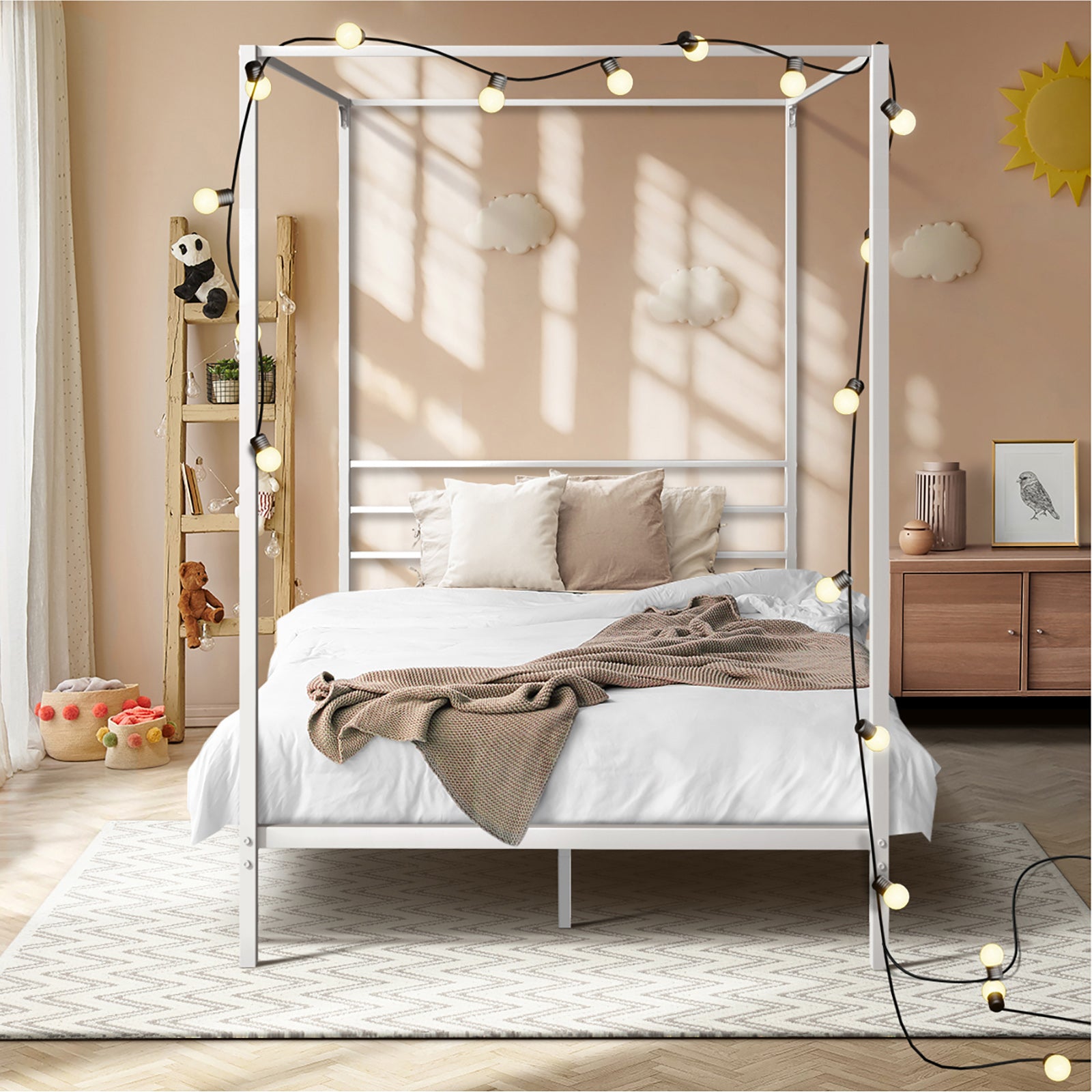 Oikiture Metal Canopy Bed Frame Single Size Beds Platform White - Sunyee