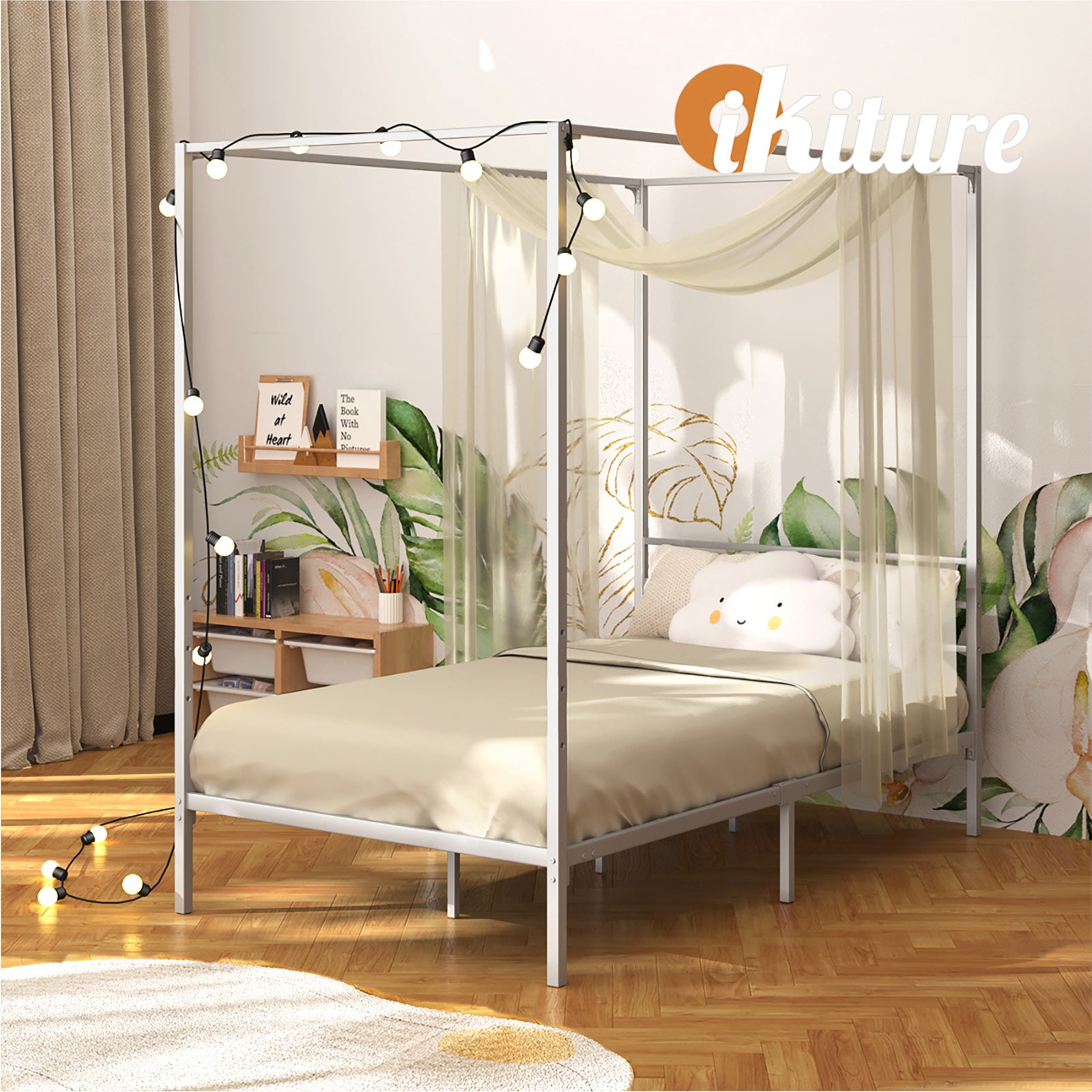 Oikiture Metal Canopy Bed Frame Single Size Beds Platform White - Sunyee