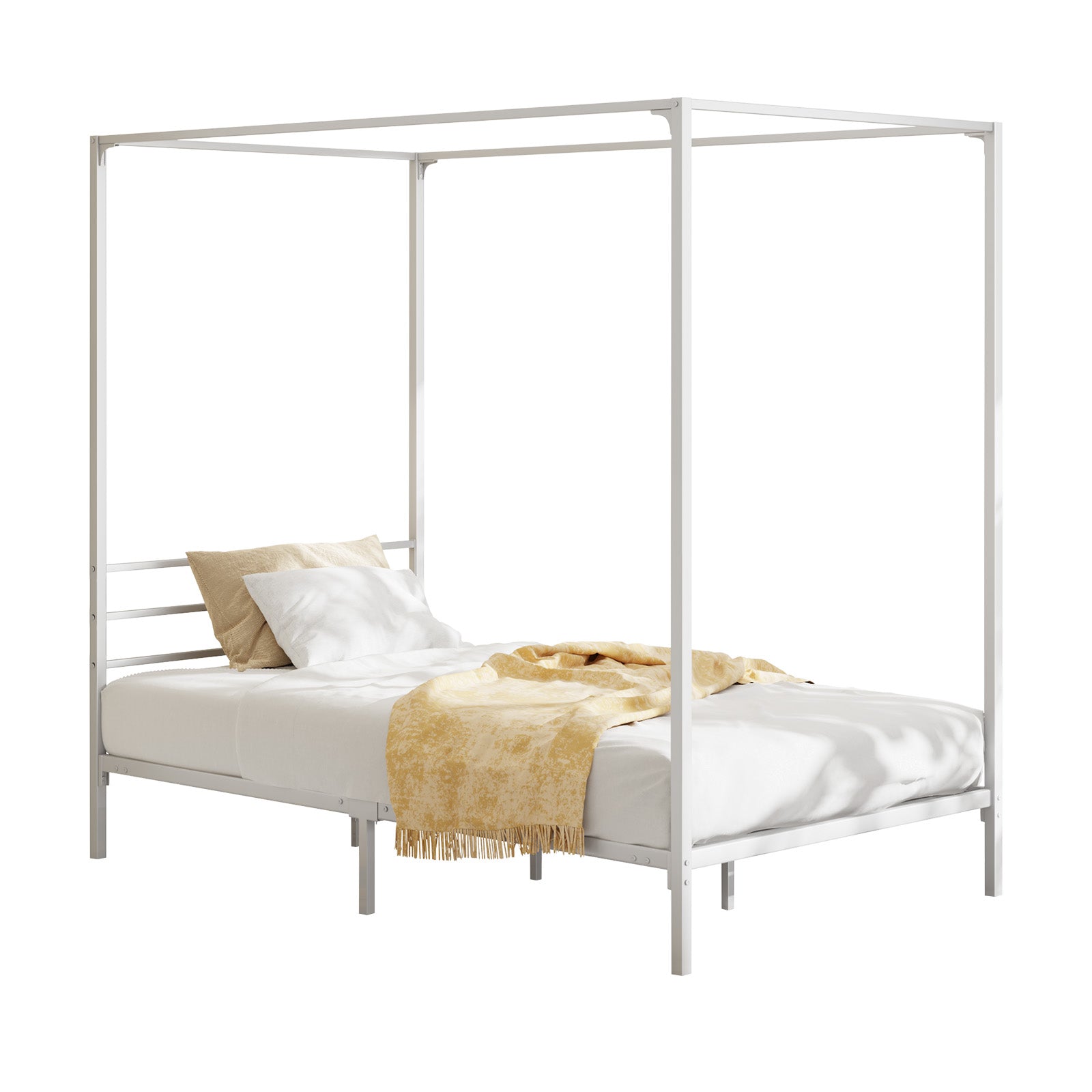 Oikiture Metal Canopy Bed Frame Single Size Beds Platform White - Sunyee