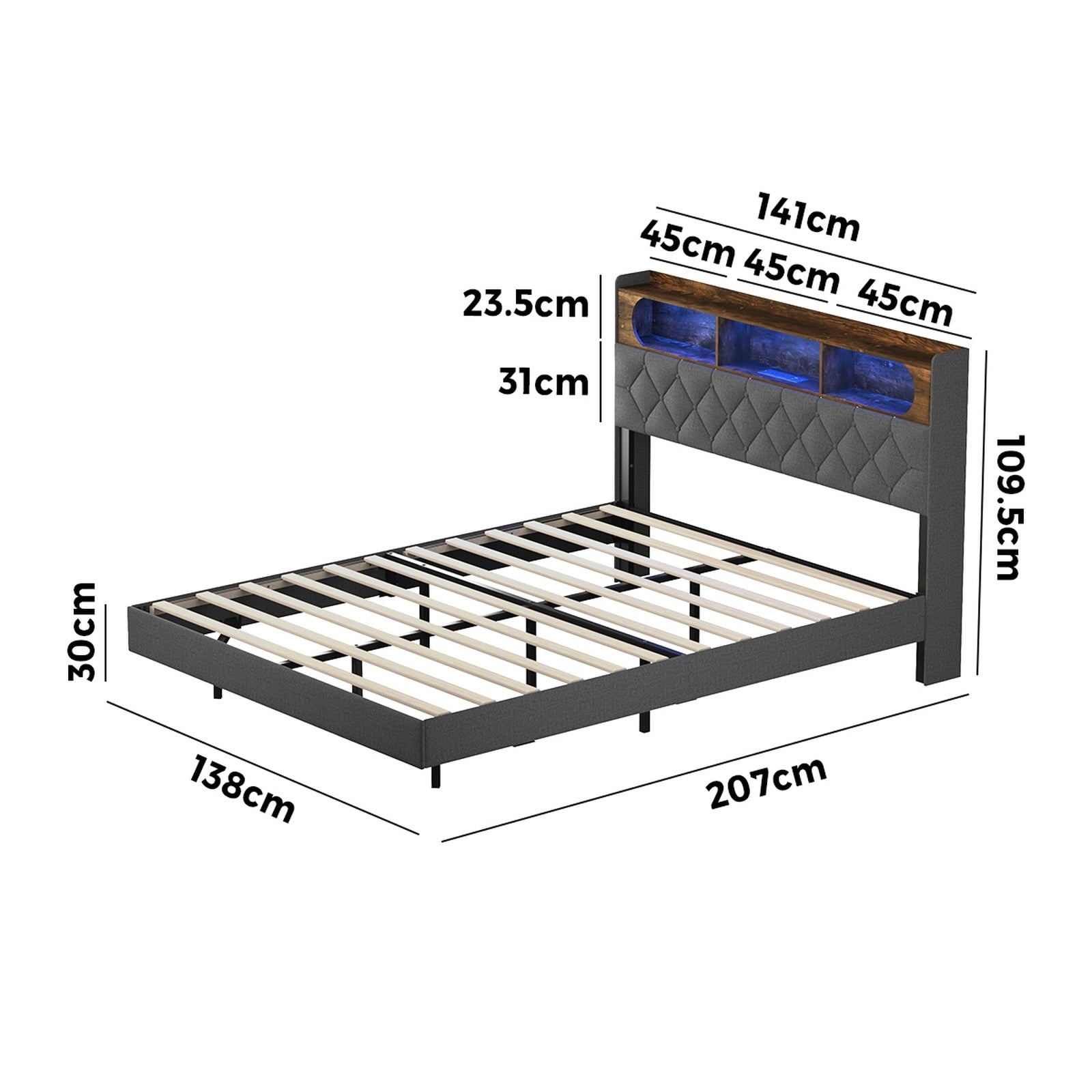 Oikiture Double Size Bed Frame Floating Beds With LED Light Headboard USB Charge