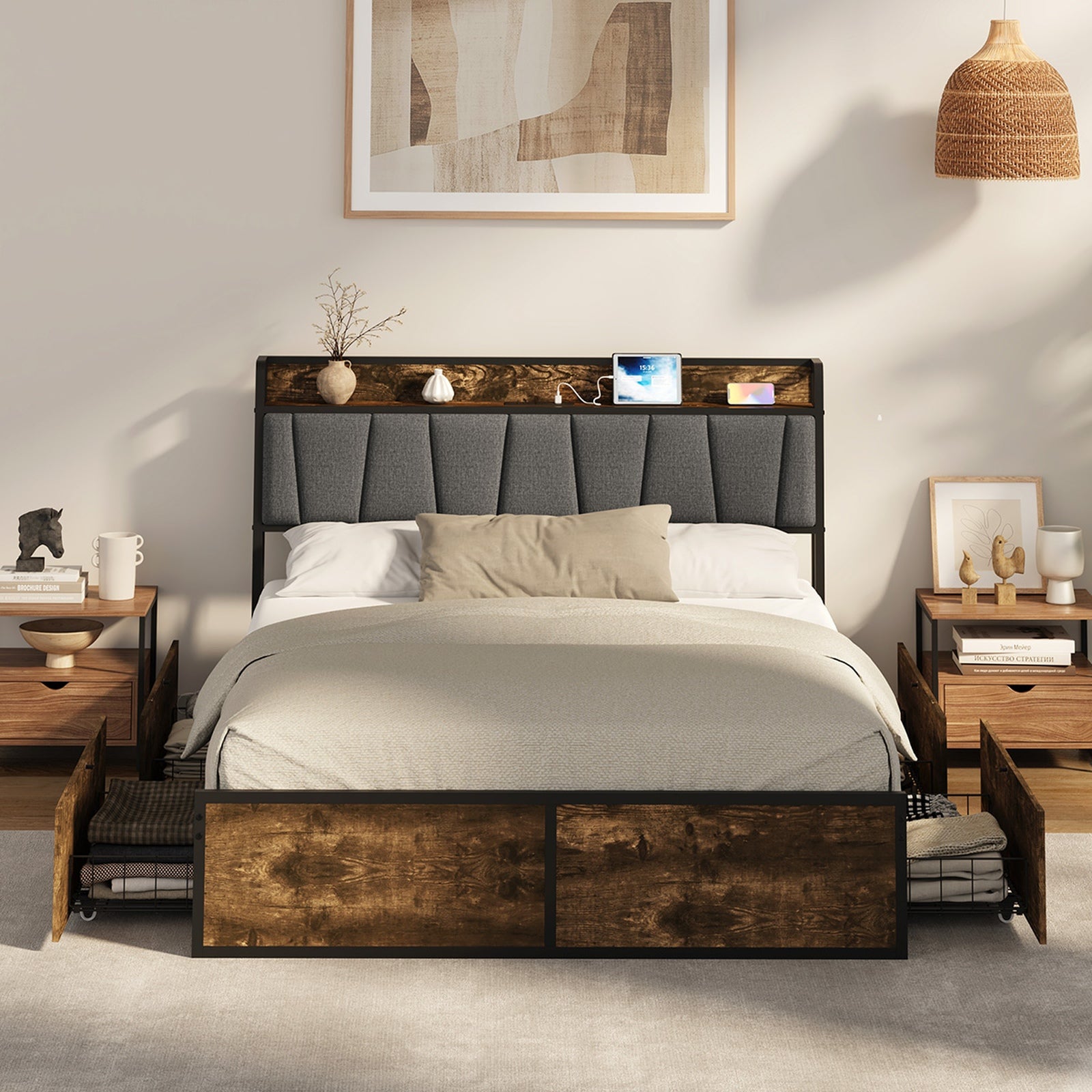 Oikiture Queen Metal Bed Frame Storage Headboard AC USB Charge