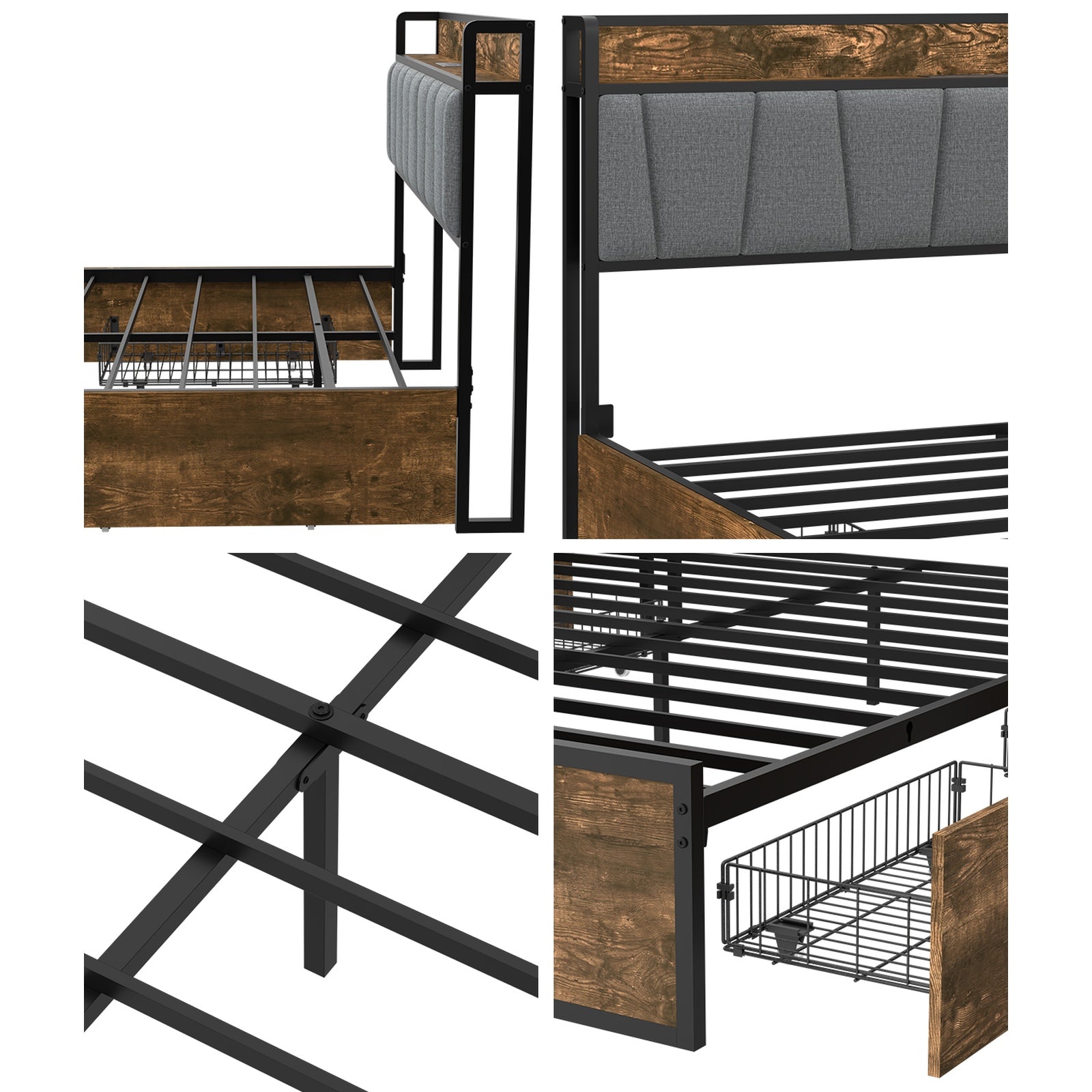 Oikiture Queen Metal Bed Frame Storage Headboard AC USB Charge
