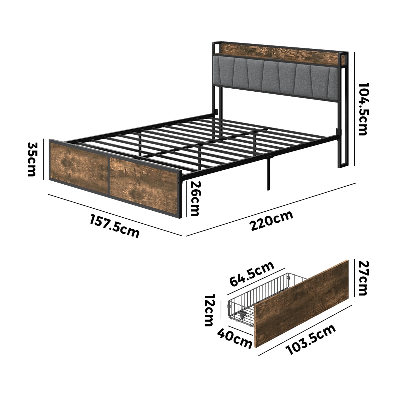 Oikiture Queen Metal Bed Frame Storage Headboard AC USB Charge