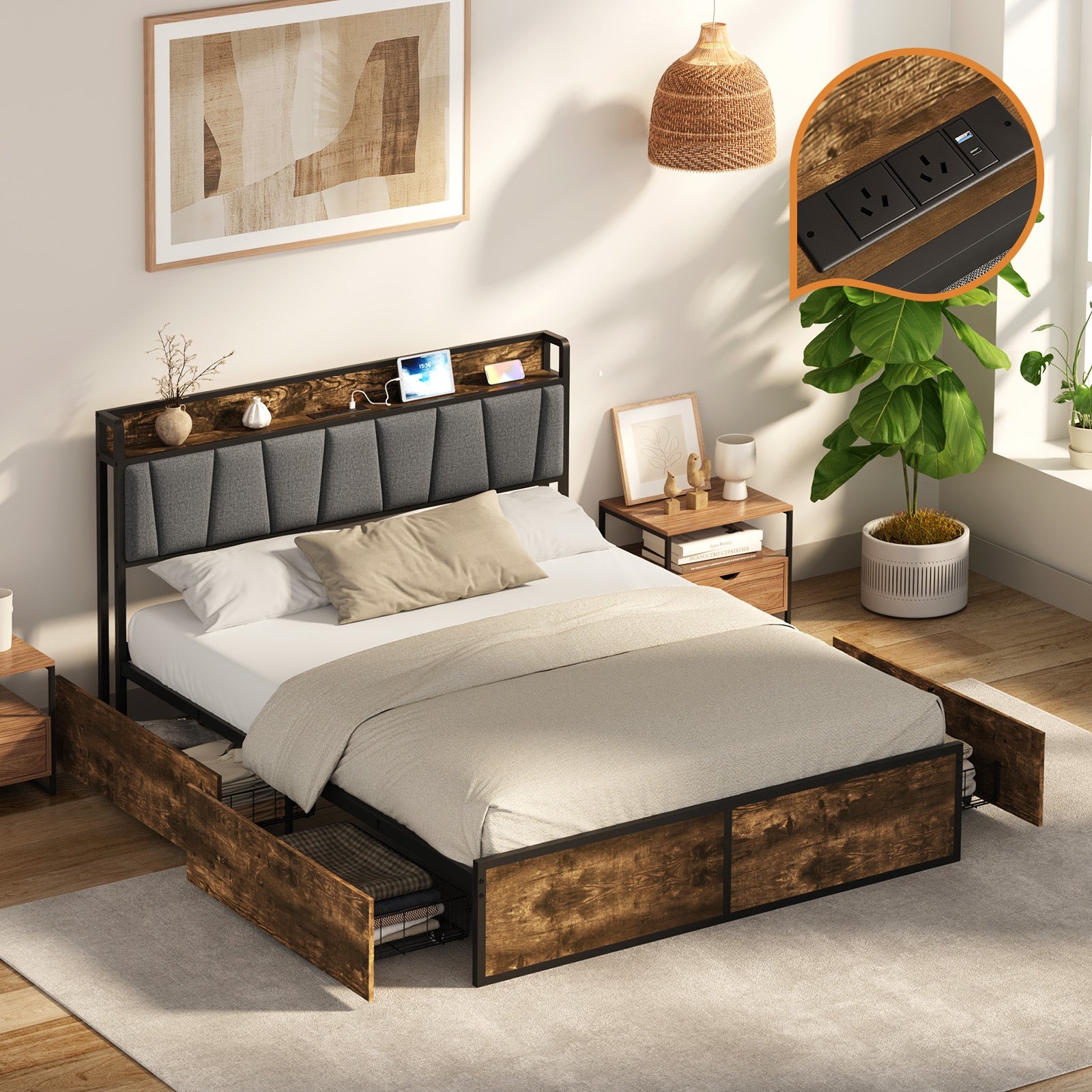 Oikiture Queen Metal Bed Frame Storage Headboard AC USB Charge