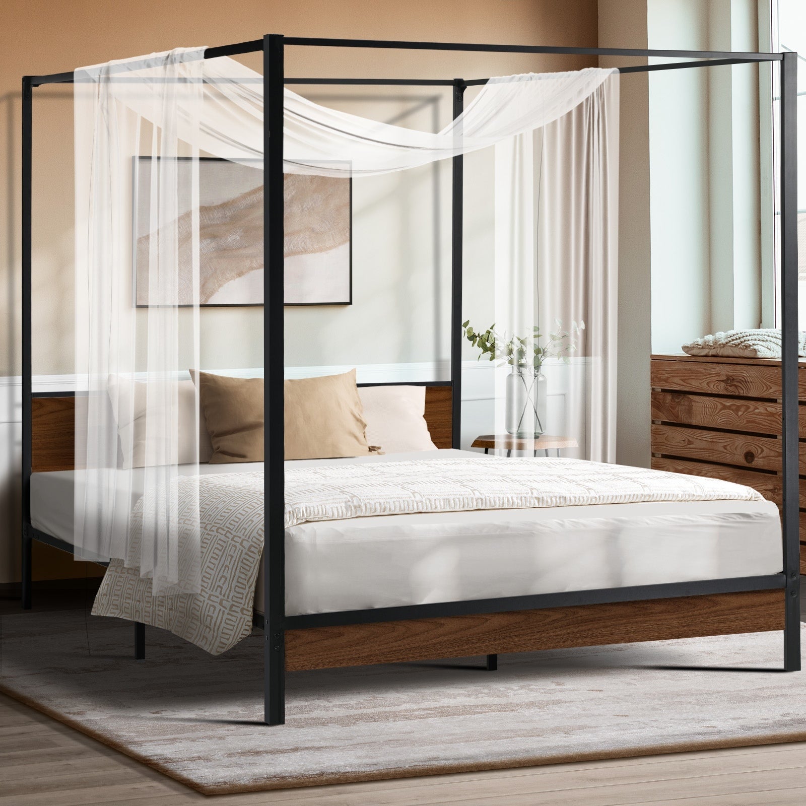 Oikiture Metal Canopy Bed Frame Double Size Beds Platform - Sunyee