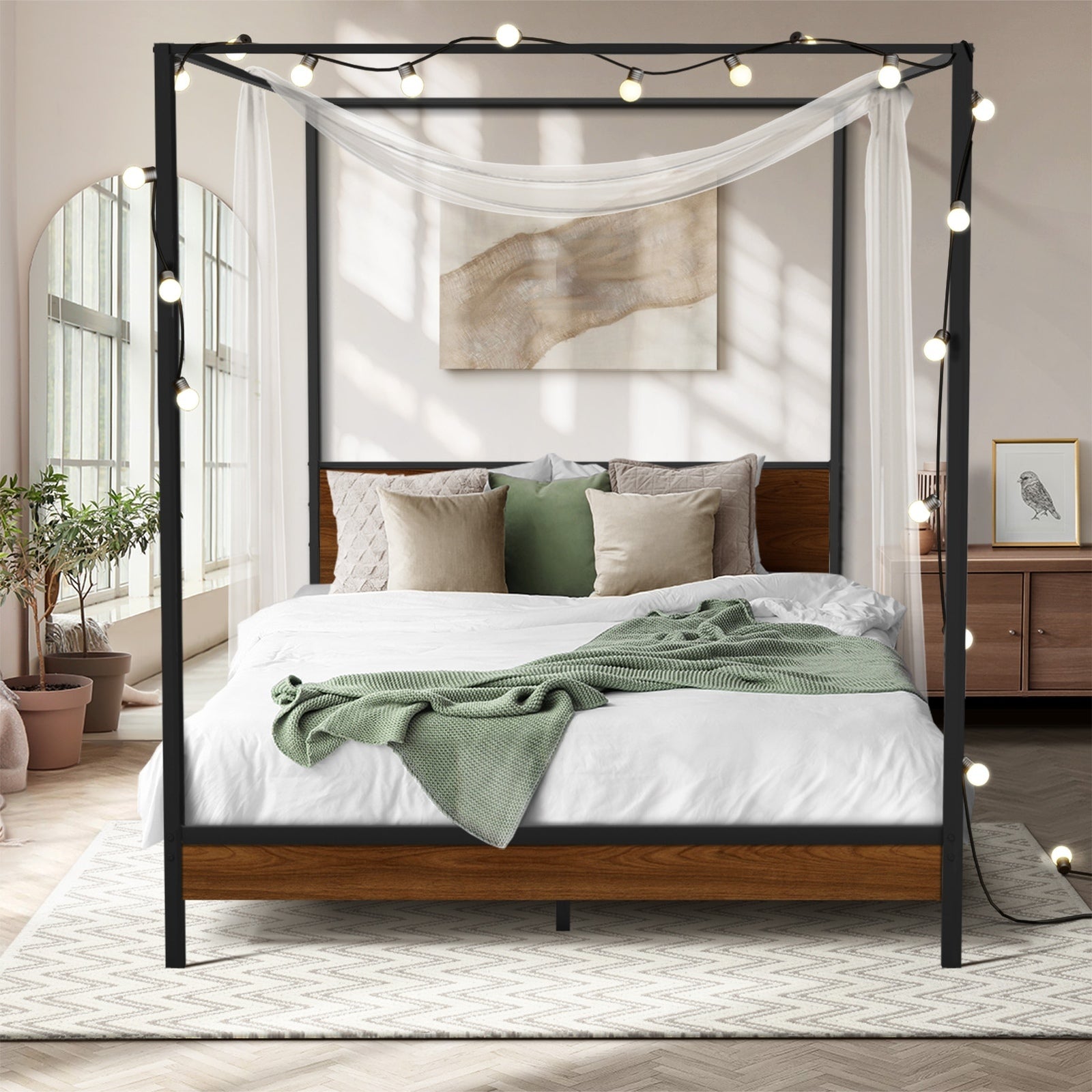 Oikiture Metal Canopy Bed Frame Double Size Beds Platform - Sunyee