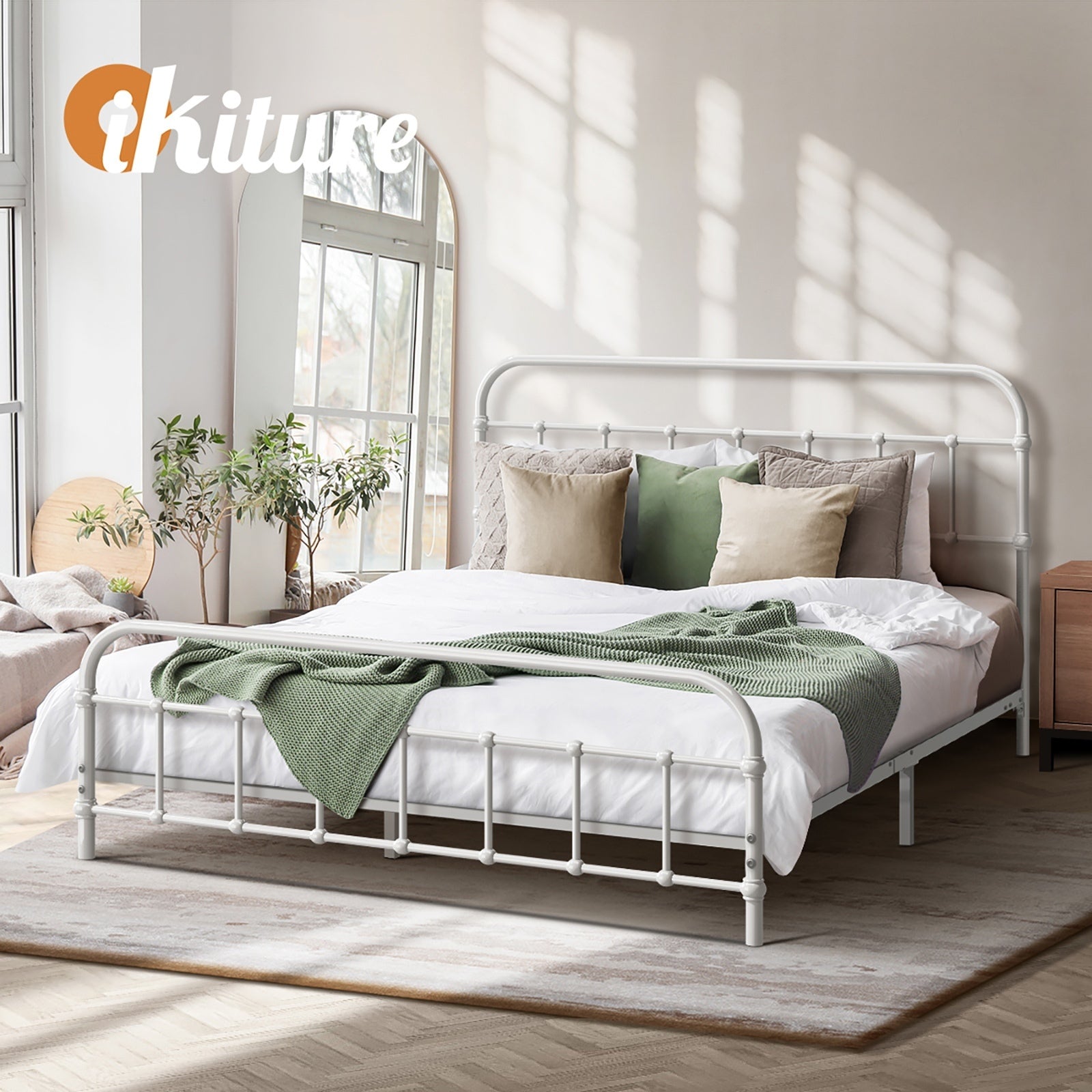 Oikiture Bed Frame Metal Bed Base Double Size Bed Platform White - Sunyee
