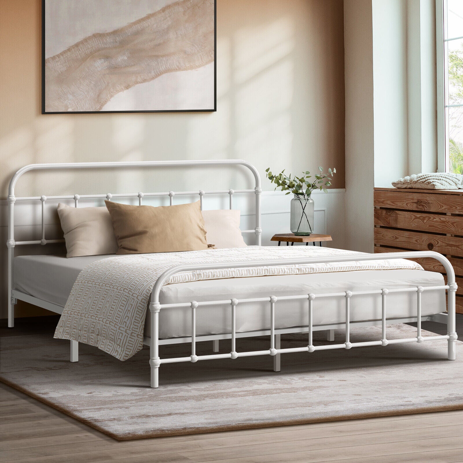 Oikiture Bed Frame Metal Bed Base Double Size Bed Platform White - Sunyee