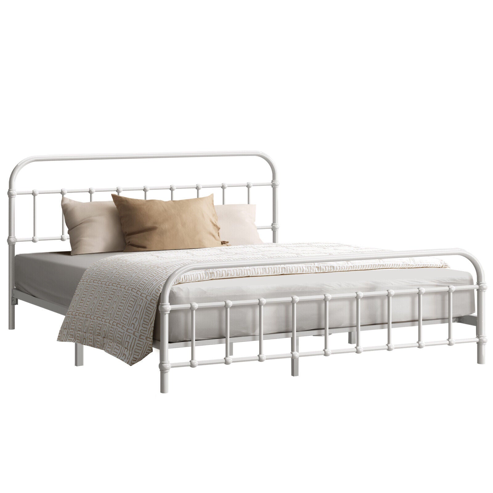 Oikiture Bed Frame Metal Bed Base Queen Size Bed Platform White - Sunyee