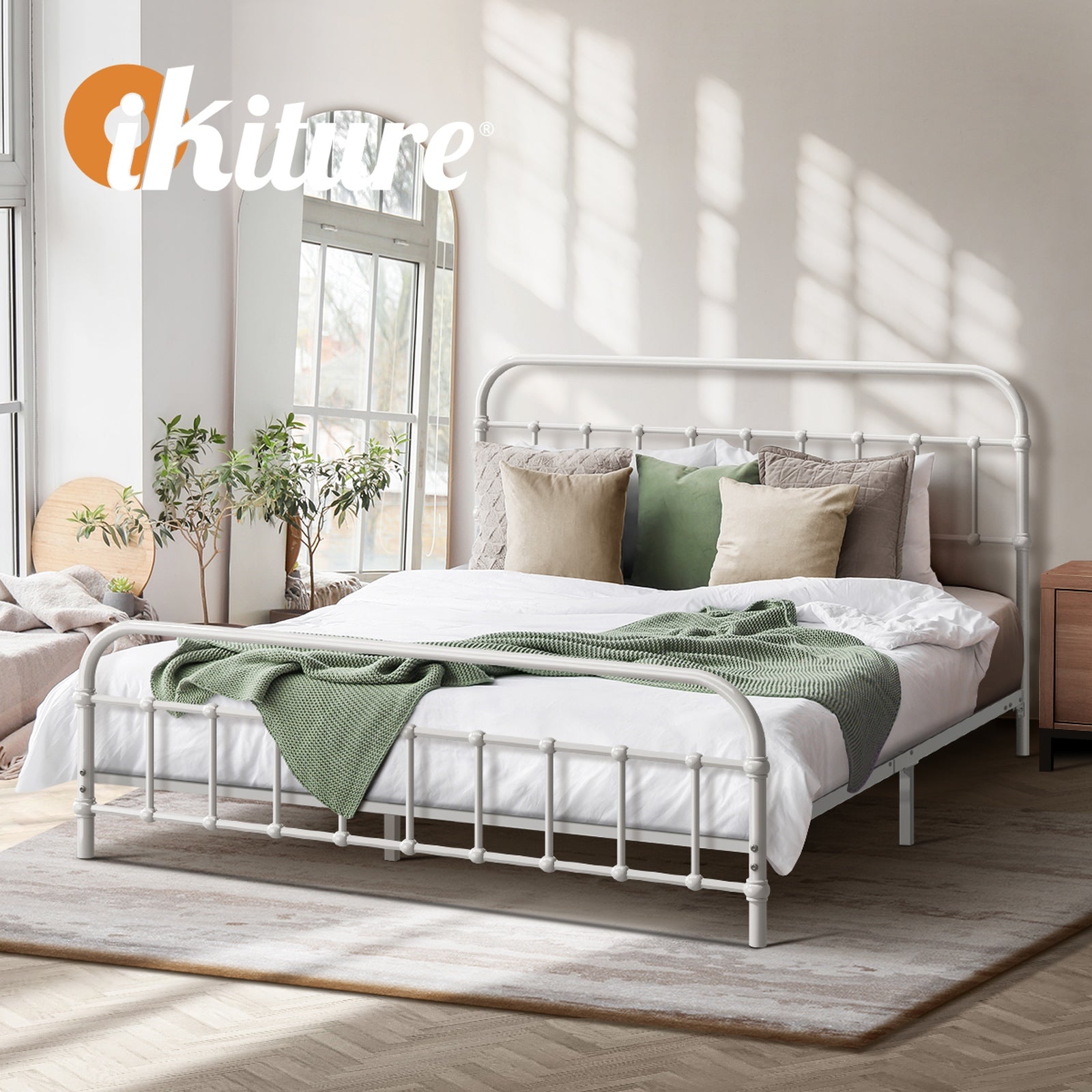 Oikiture Metal Bed Frame Queen Double King Single Size Bed Base White - Sunyee