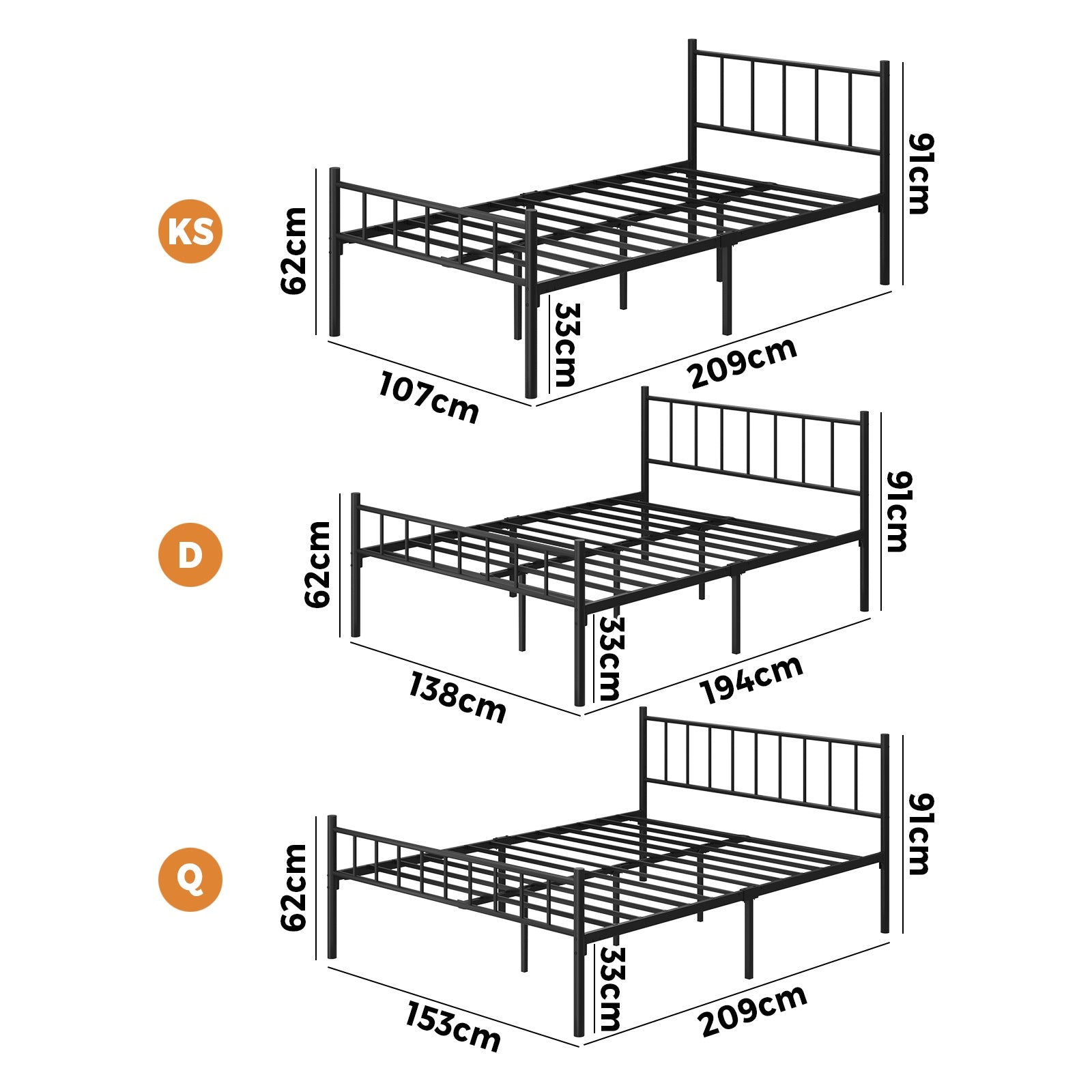 Oikiture Bed Frame Queen Double King Single Metal Base Platform Foundation Black - Sunyee