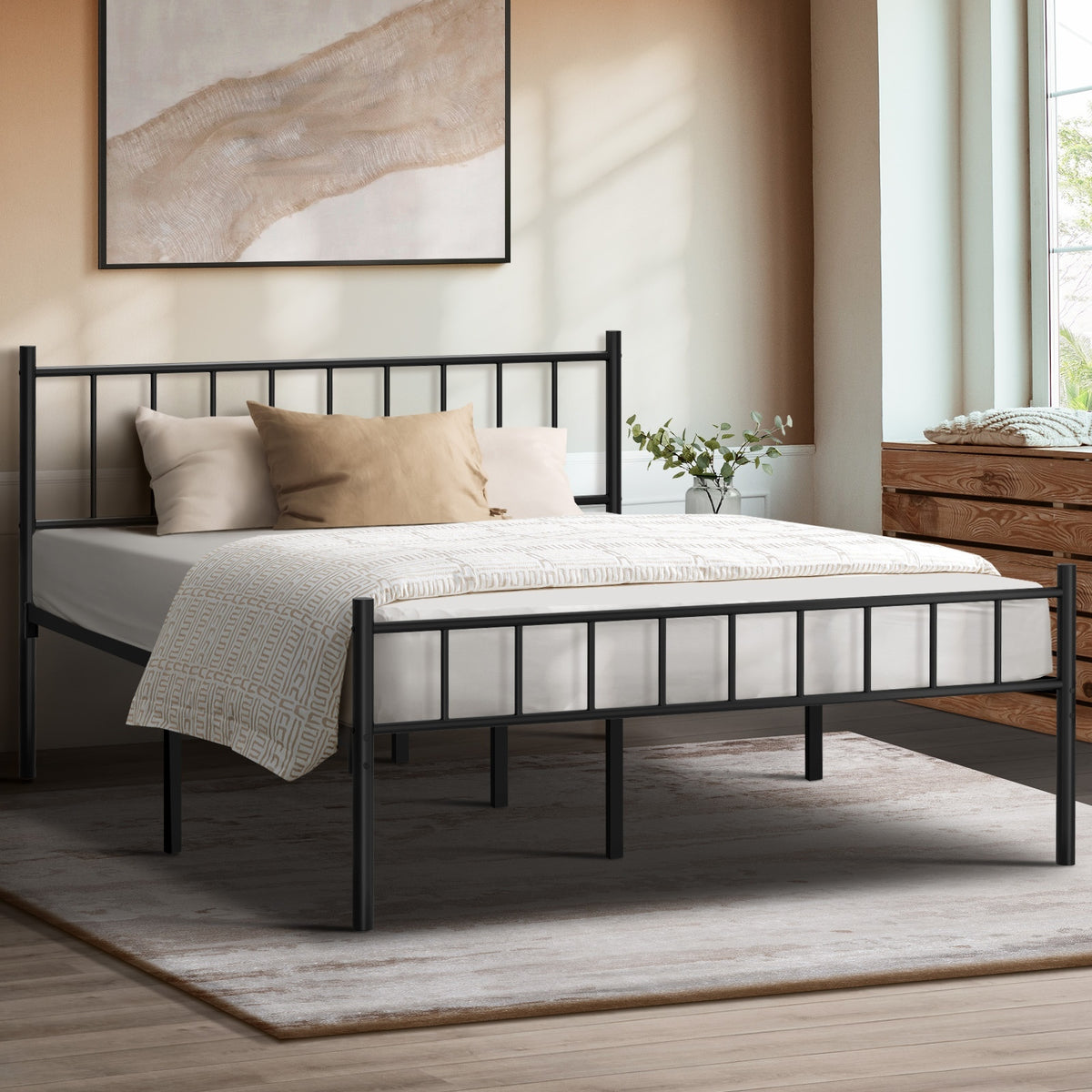Oikiture Bed Frame Queen Size Metal Base Platform Foundation Black - Sunyee