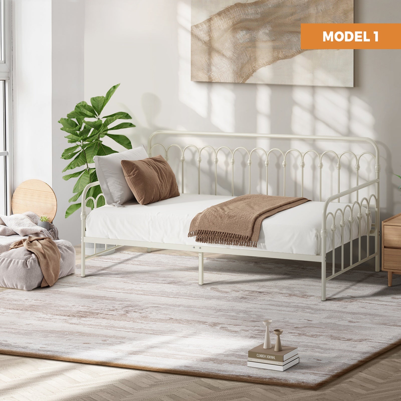 Oikiture Metal Daybed Frame Single Size Base Sofa Bed Steel Slat Support - Sunyee