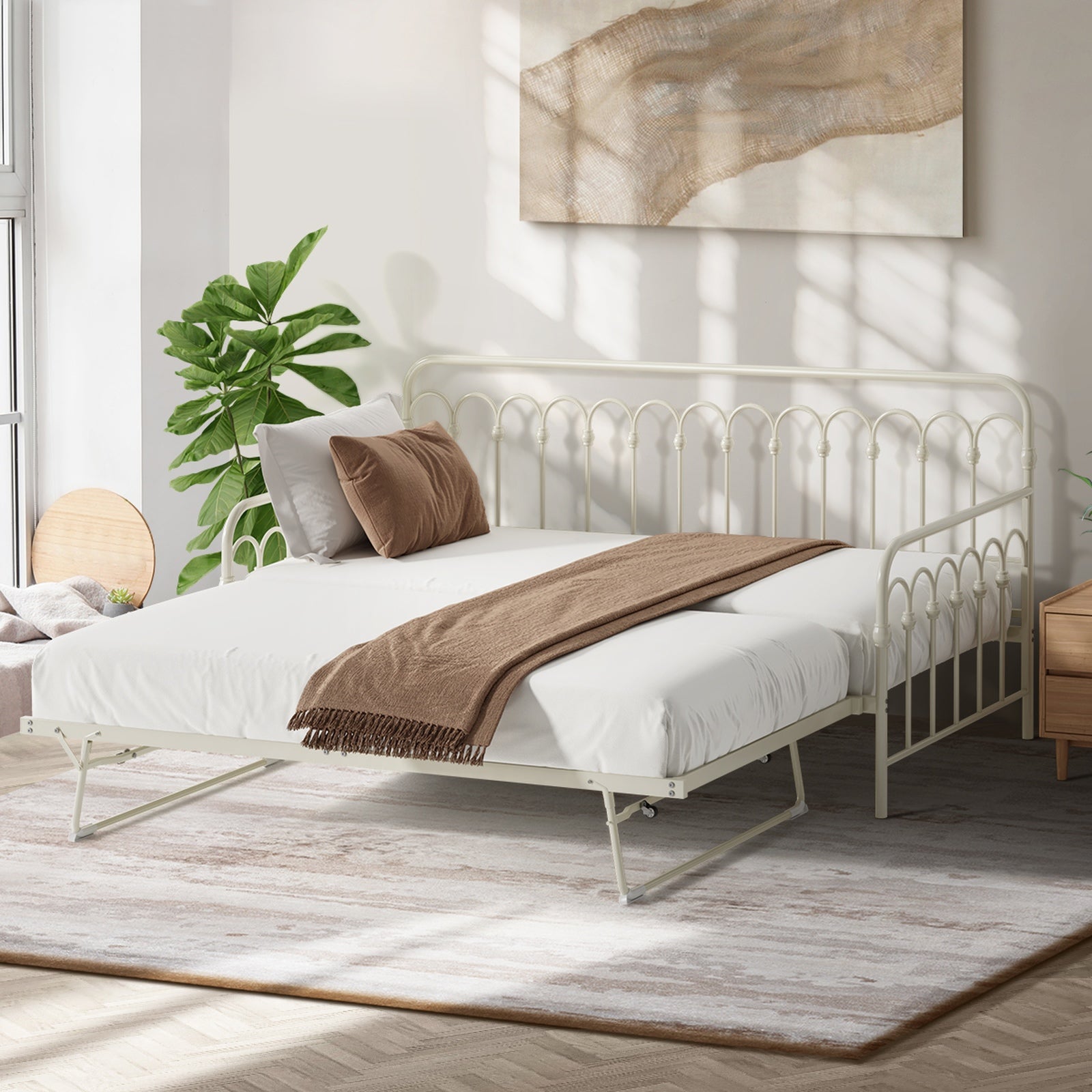 Oikiture Trundle Bed Frame Daybed Single Size Base Metal Single Beds x2 Beige - Sunyee