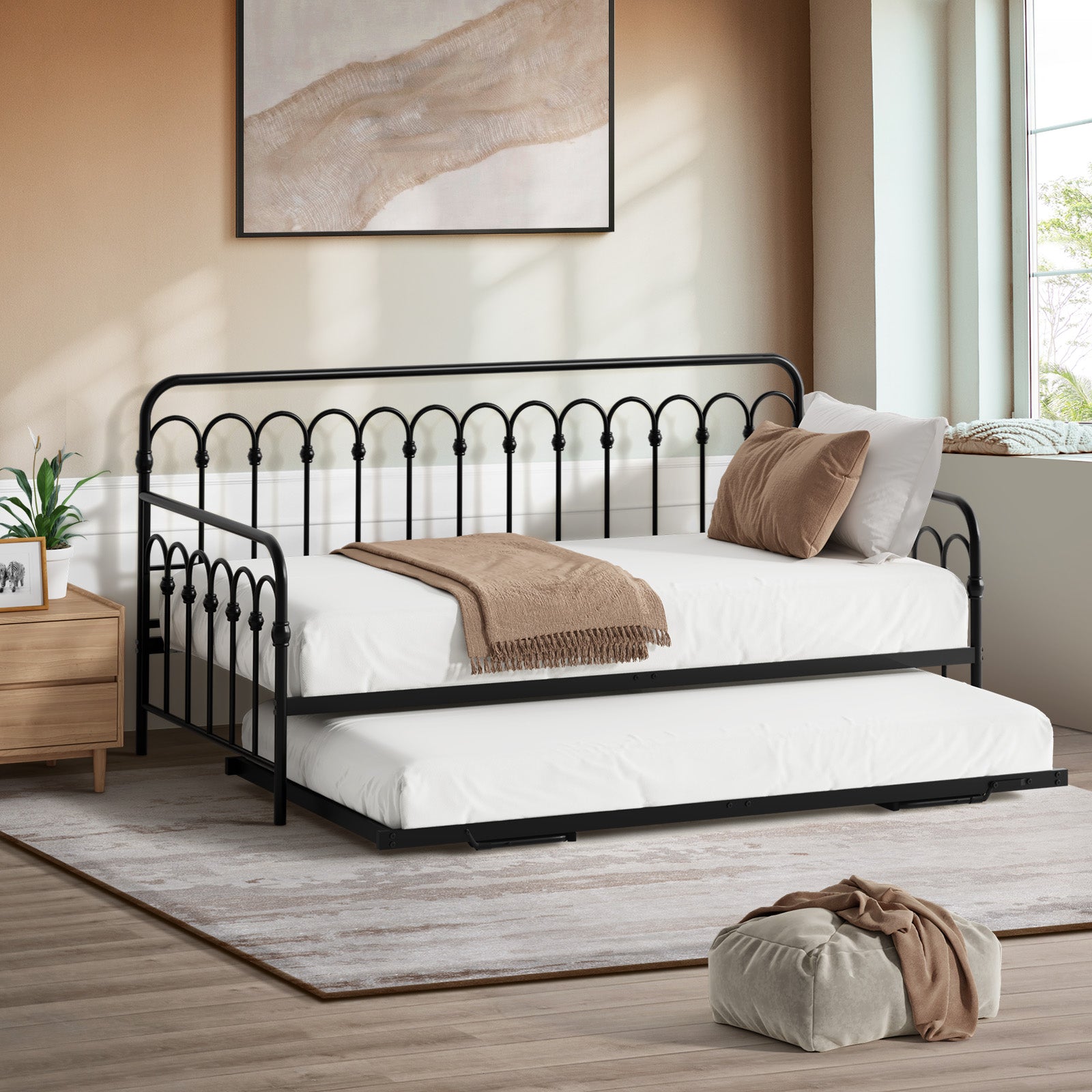 Oikiture Trundle Bed Frame Daybed Single Size Base Metal Single Beds x2 Black - Sunyee