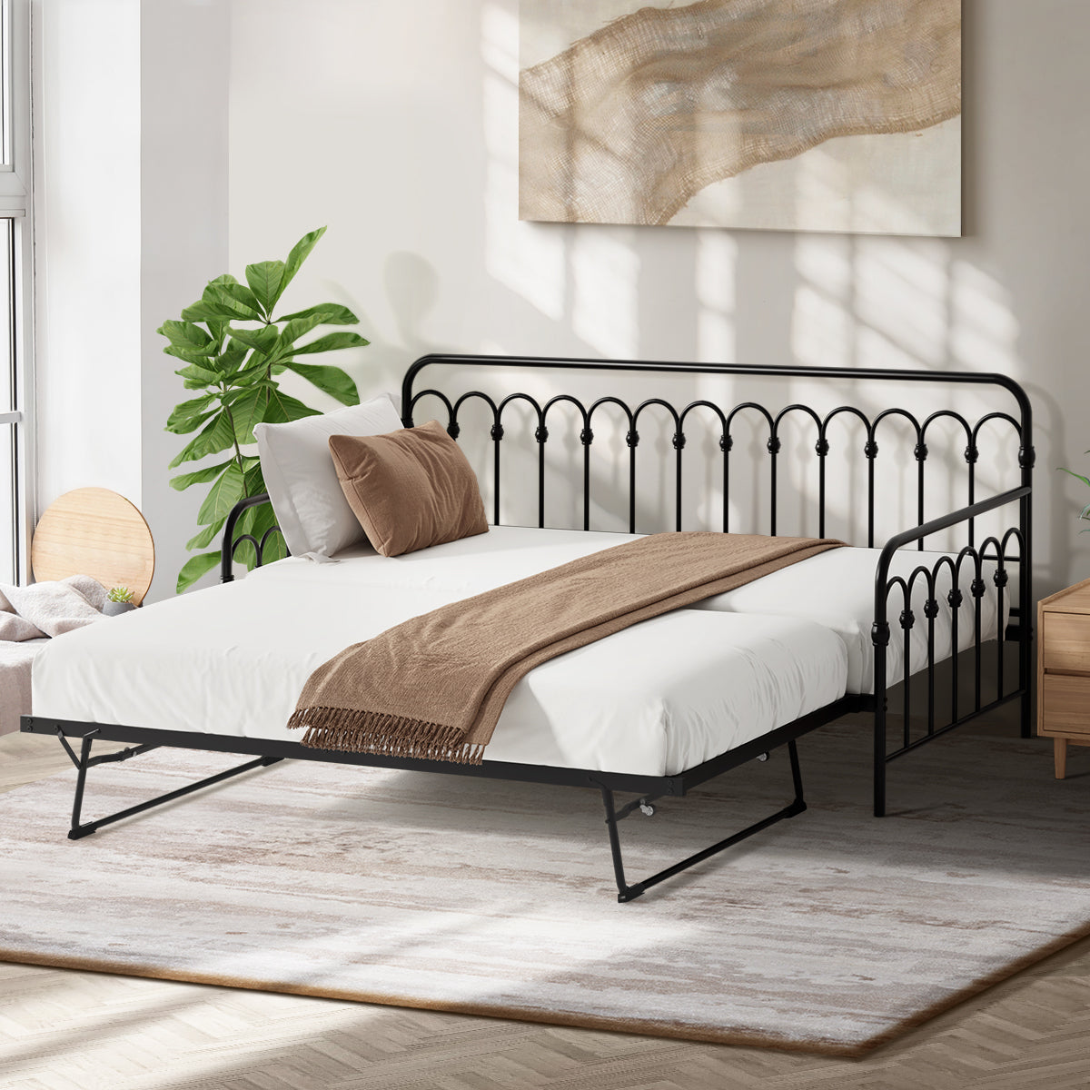 Oikiture Trundle Bed Frame Daybed Single Size Base Metal Single Beds x2 Black - Sunyee