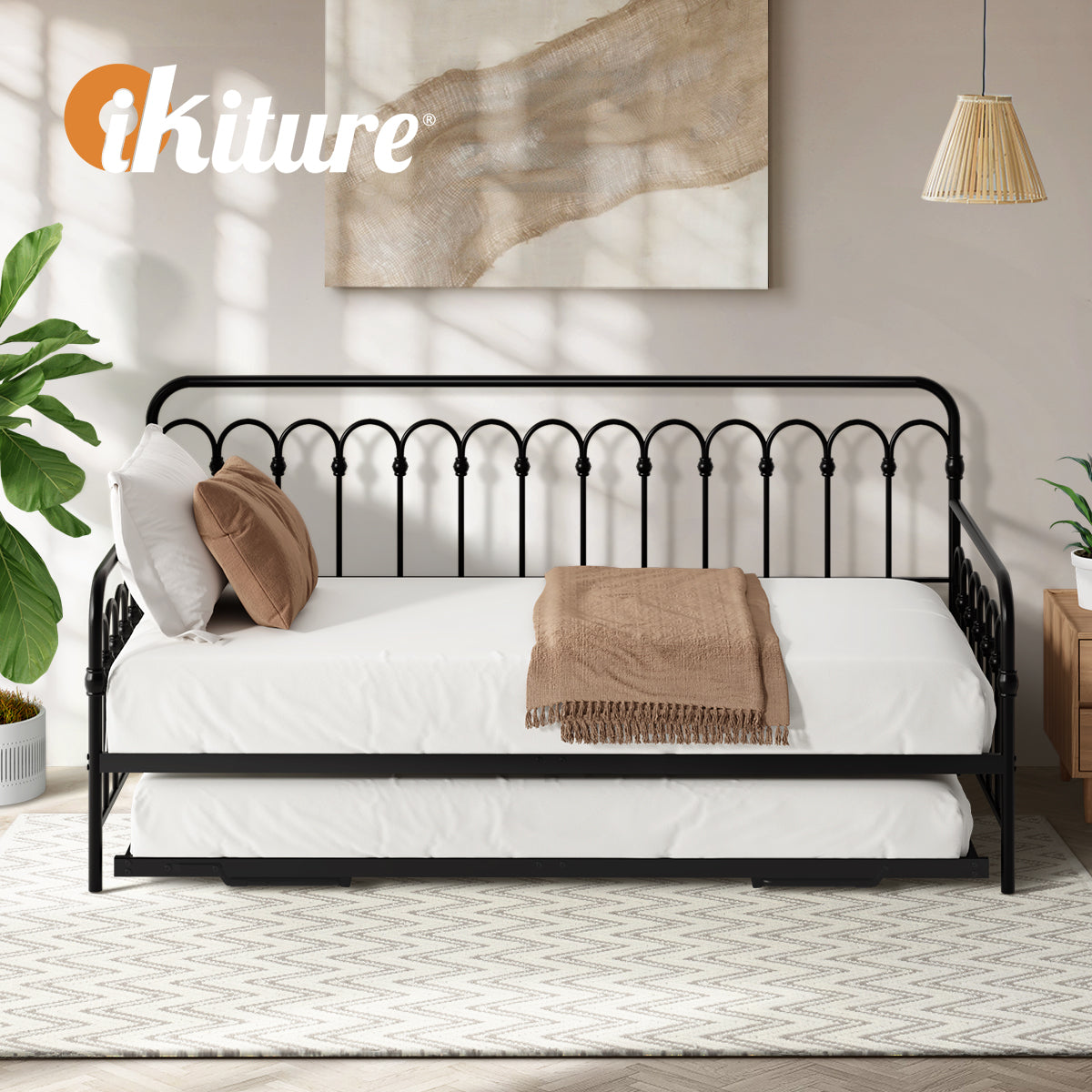 Oikiture Trundle Bed Frame Daybed Single Size Base Metal Single Beds x2 Black - Sunyee
