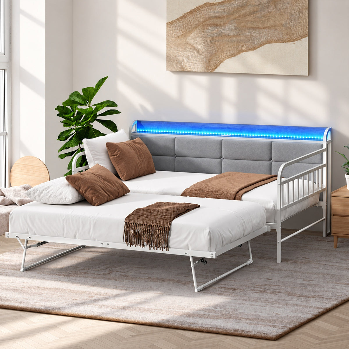 Oikiture Trundle Bed Frame Daybed Base Single Size LED Upholstered Headboard USB