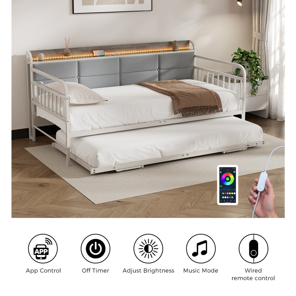 Oikiture Trundle Bed Frame Daybed Base Single Size LED Upholstered Headboard USB