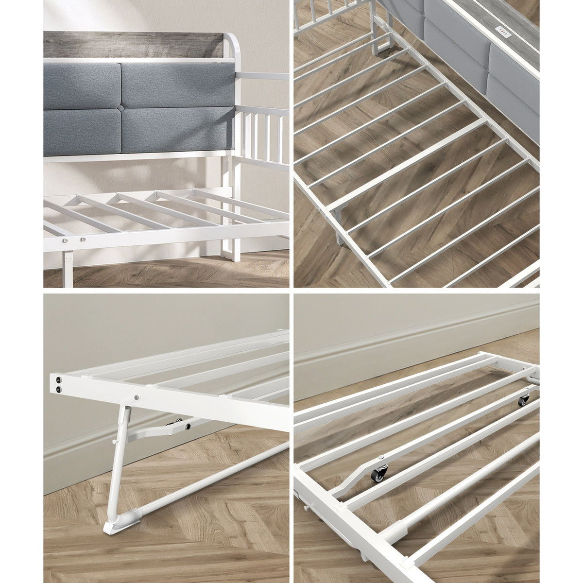 Oikiture Trundle Bed Frame Daybed Base Single Size LED Upholstered Headboard USB