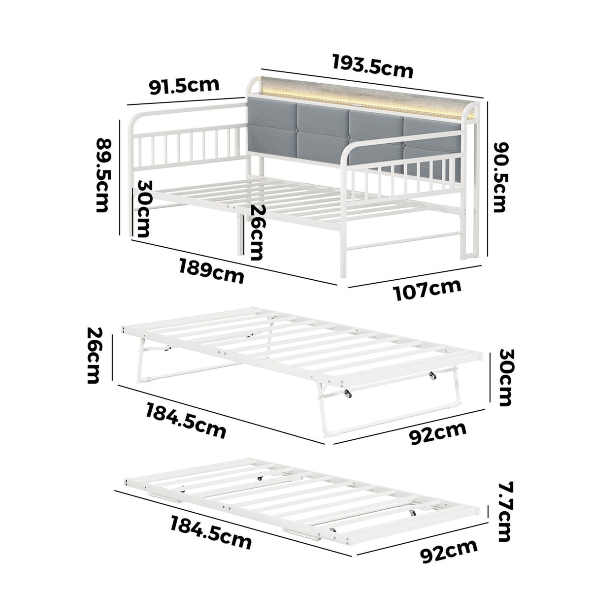 Oikiture Trundle Bed Frame Daybed Base Single Size LED Upholstered Headboard USB