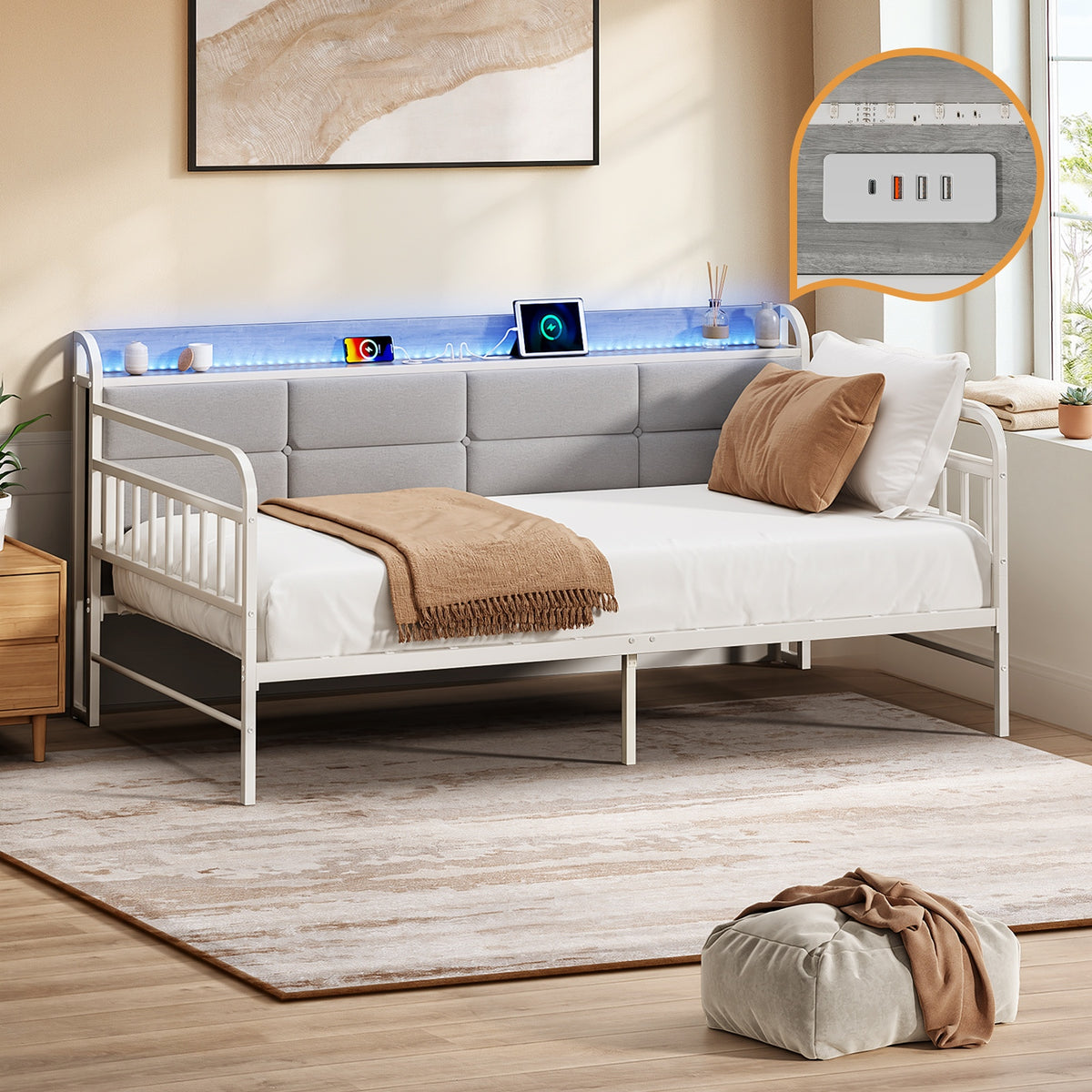 Oikiture Metal Daybed Frame Single Size LED Upholstered Headboard USB Charge