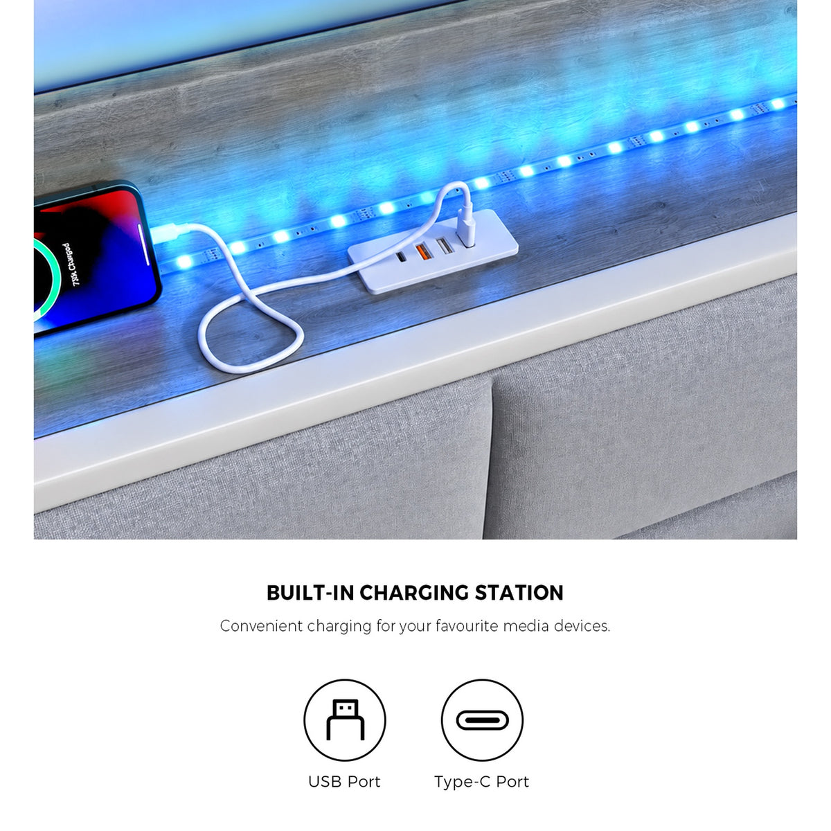 Oikiture Metal Daybed Frame Single Size LED Upholstered Headboard USB Charge