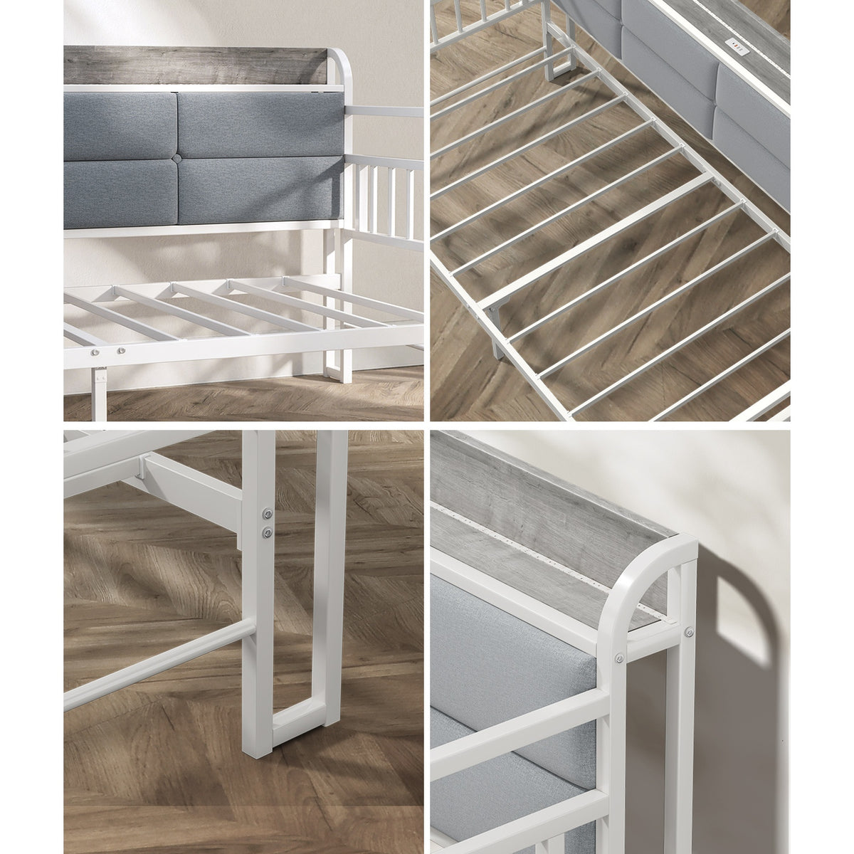 Oikiture Metal Daybed Frame Single Size LED Upholstered Headboard USB Charge
