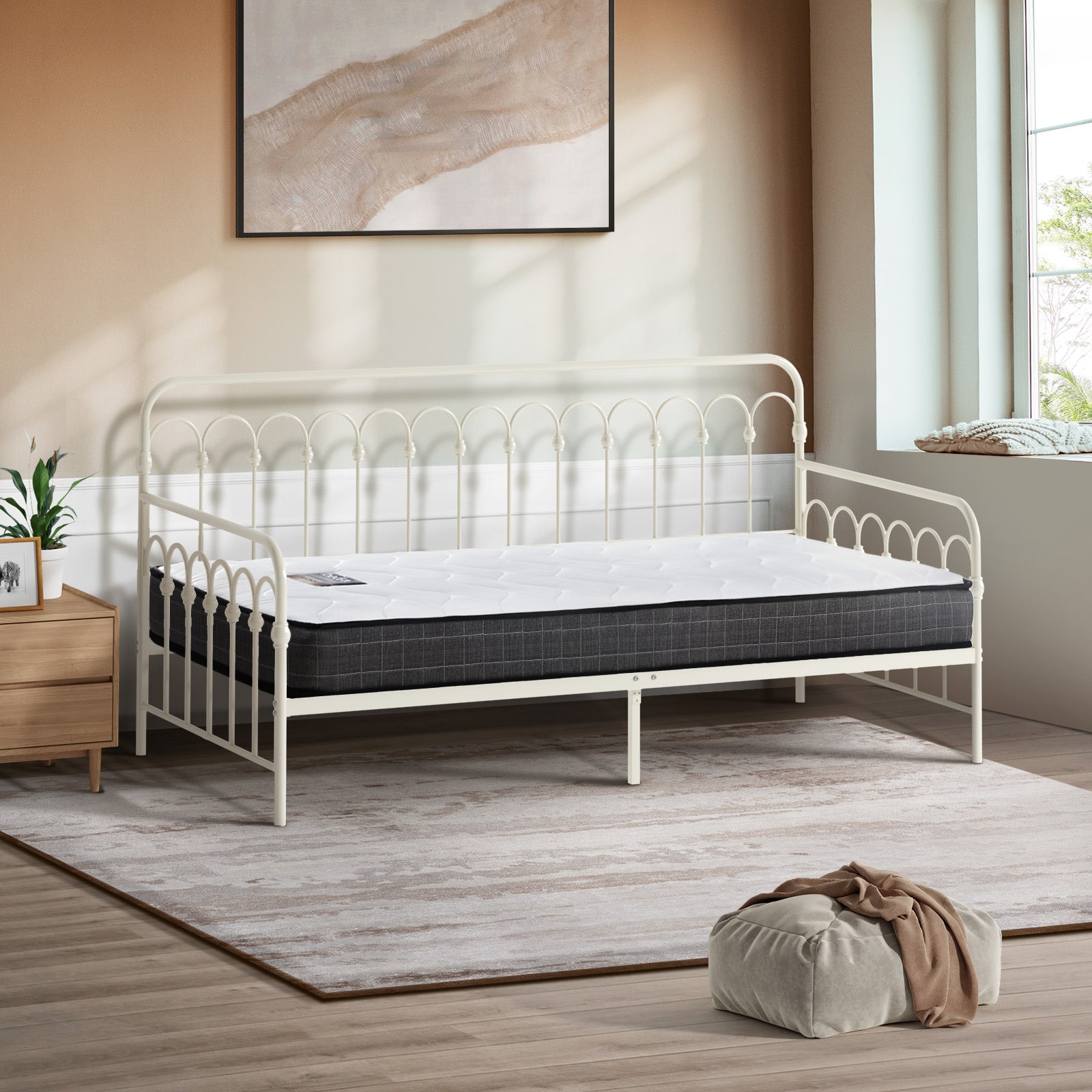 Oikiture Trundle Metal Bed Frame Daybed Single Size Base with Mattress - Sunyee