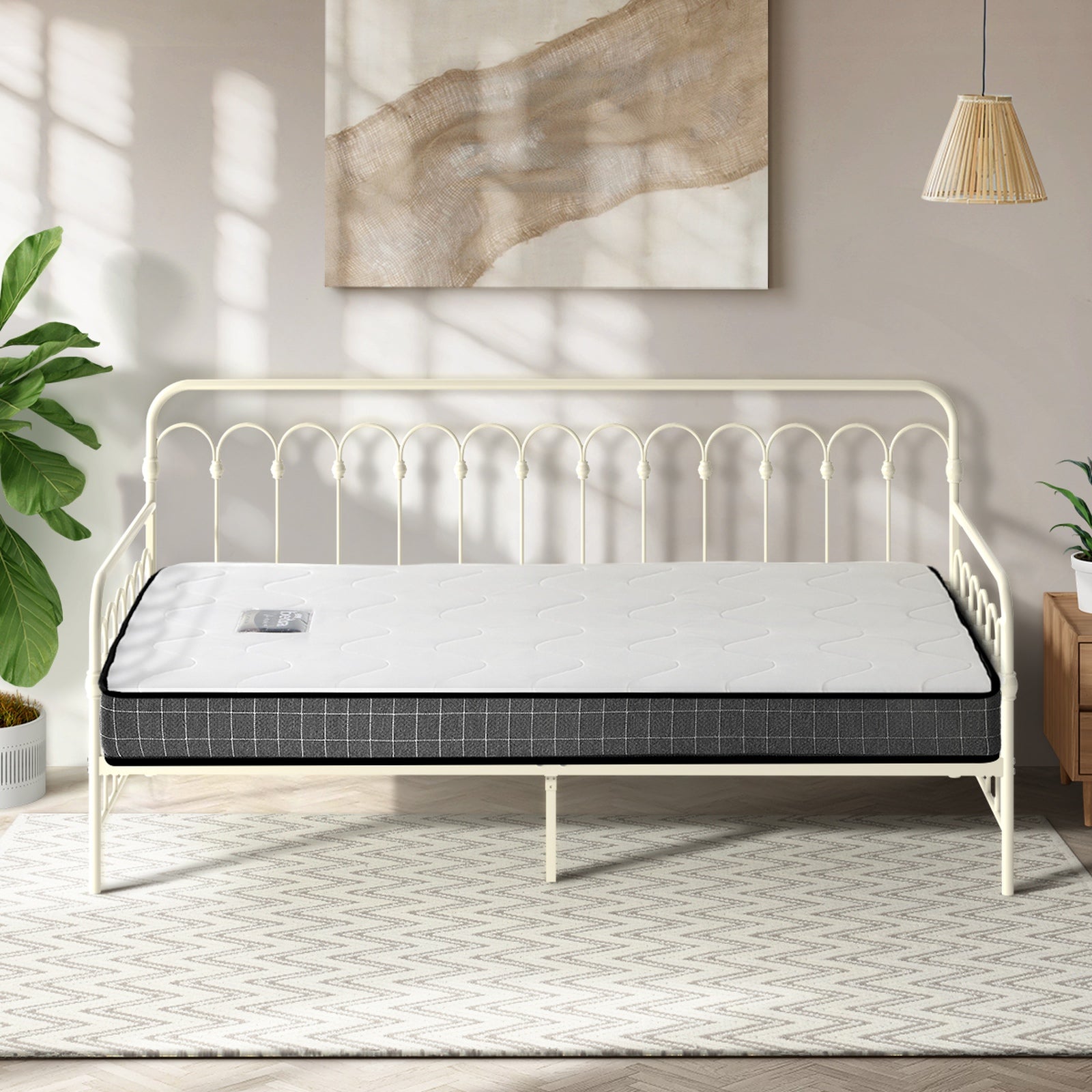 Oikiture Metal Daybed Frame Single Size Sofa Bed Support with Mattress Beige - Sunyee