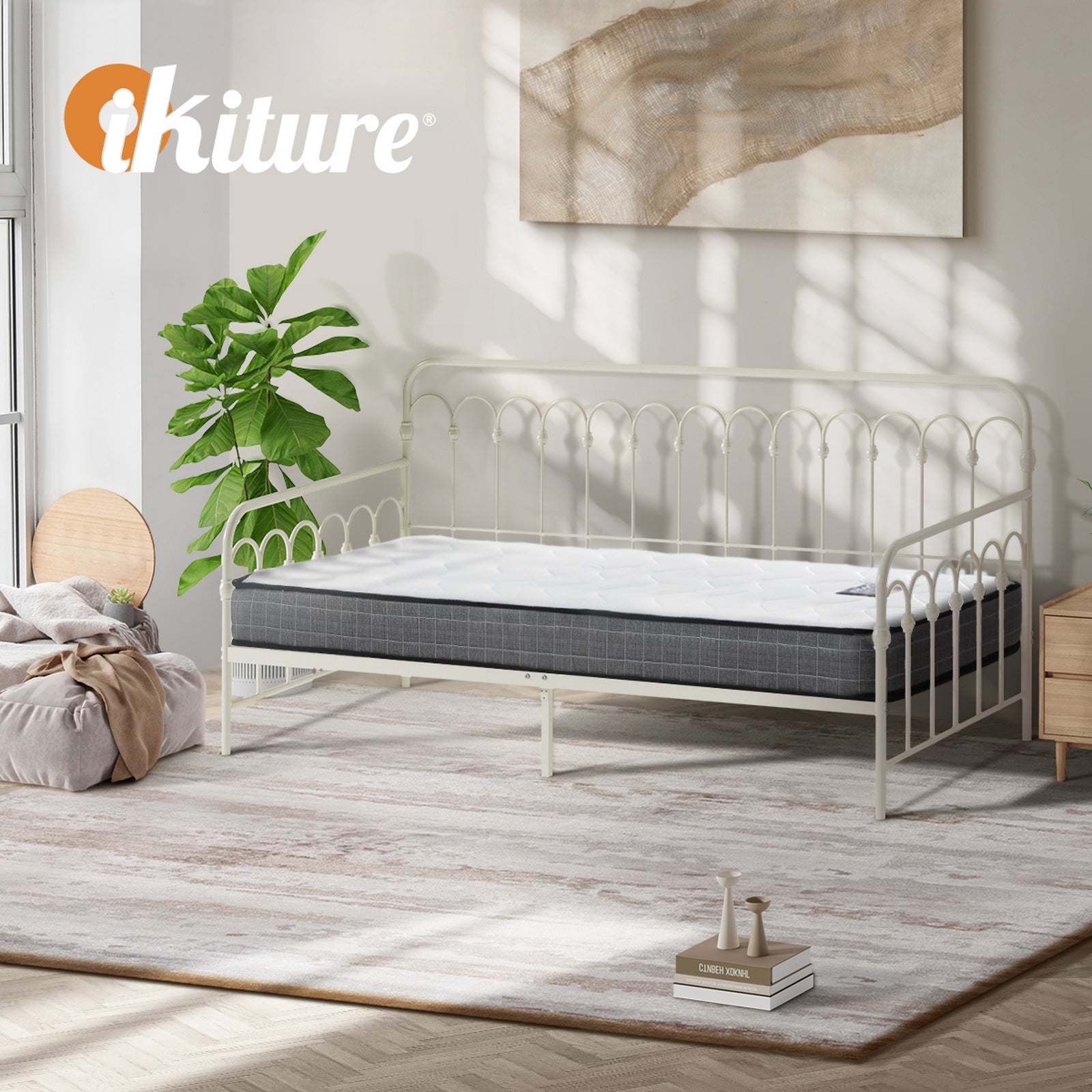 Oikiture Metal Daybed Frame Single Size Sofa Bed Support with Mattress Beige - Sunyee