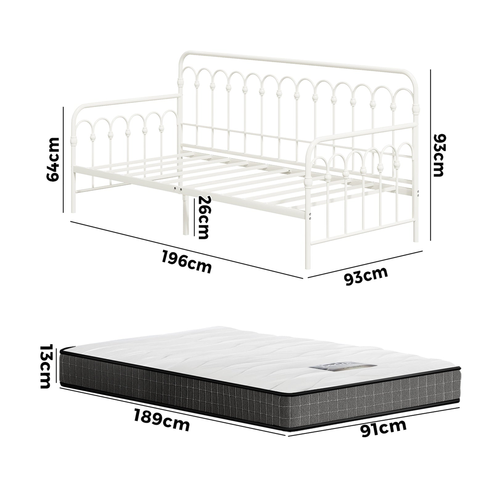 Oikiture Metal Daybed Frame Single Size Sofa Bed Support with Mattress Beige - Sunyee