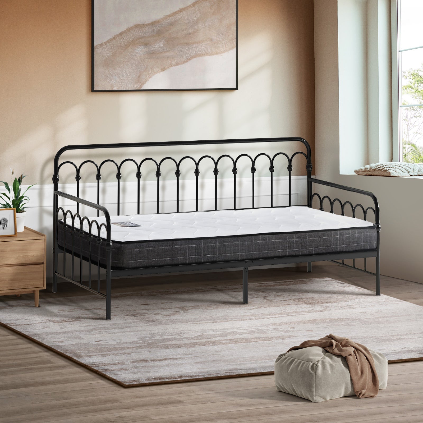 Oikiture Metal Daybed Frame Single Size Sofa Bed Support with Mattress Black - Sunyee
