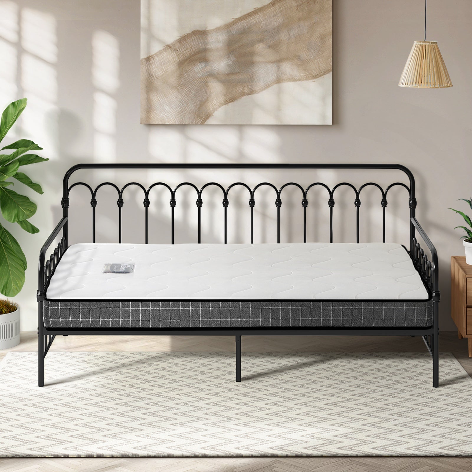 Oikiture Metal Daybed Frame Single Size Sofa Bed Support with Mattress Black - Sunyee