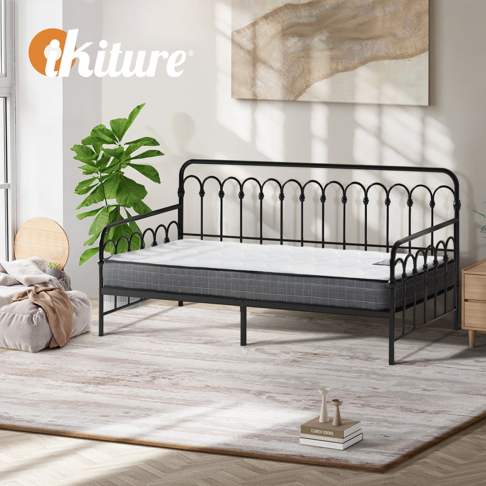 Oikiture Metal Daybed Frame Single Size Sofa Bed Support with Mattress Black - Sunyee