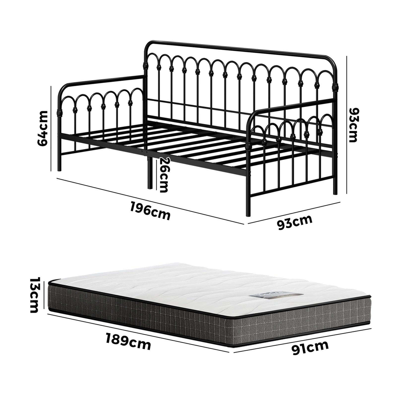 Oikiture Metal Daybed Frame Single Size Sofa Bed Support with Mattress Black - Sunyee