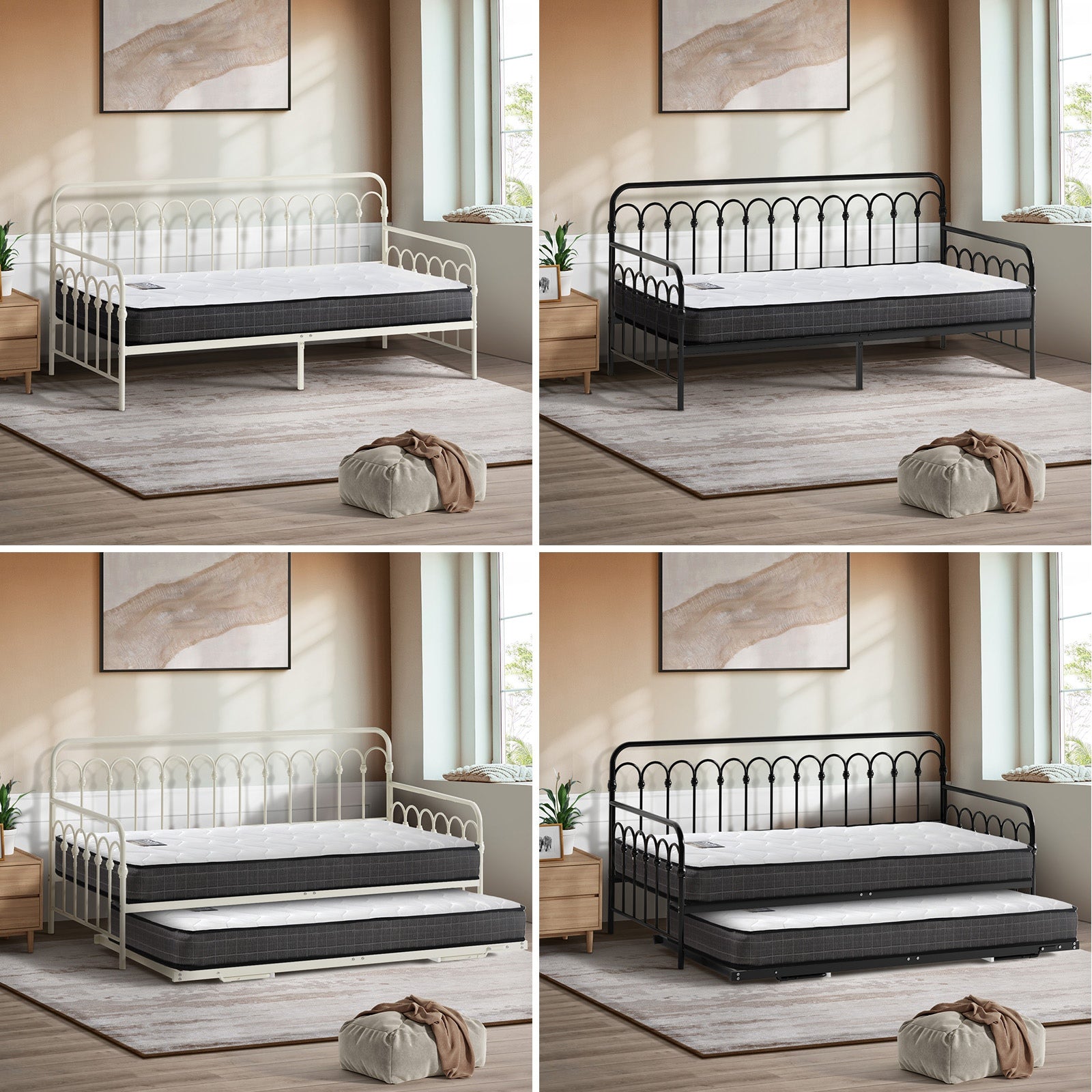 Oikiture Trundle Metal Bed Frame Daybed Single Size Base with Mattress - Sunyee