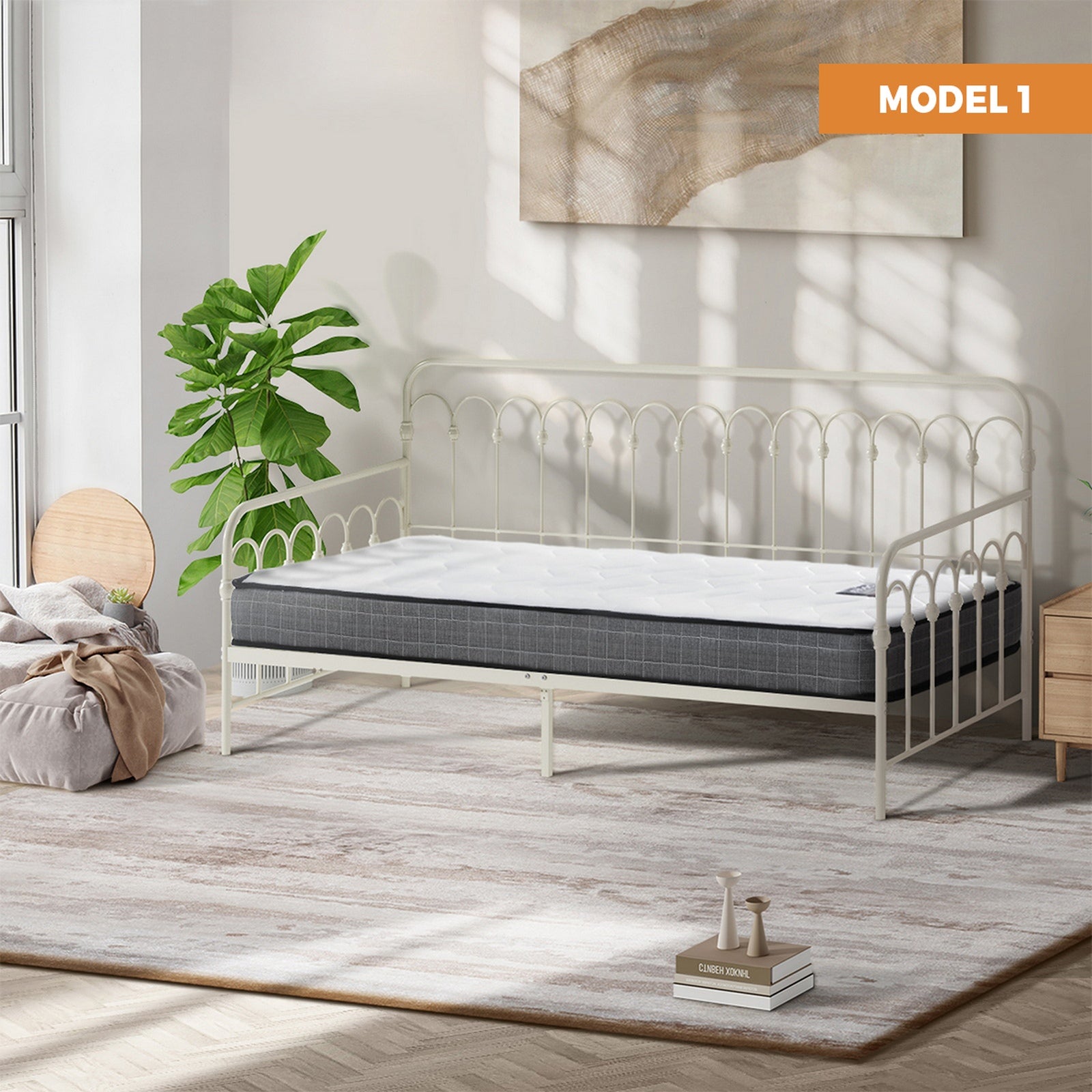 Oikiture Trundle Metal Bed Frame Daybed Single Size Base with Mattress - Sunyee